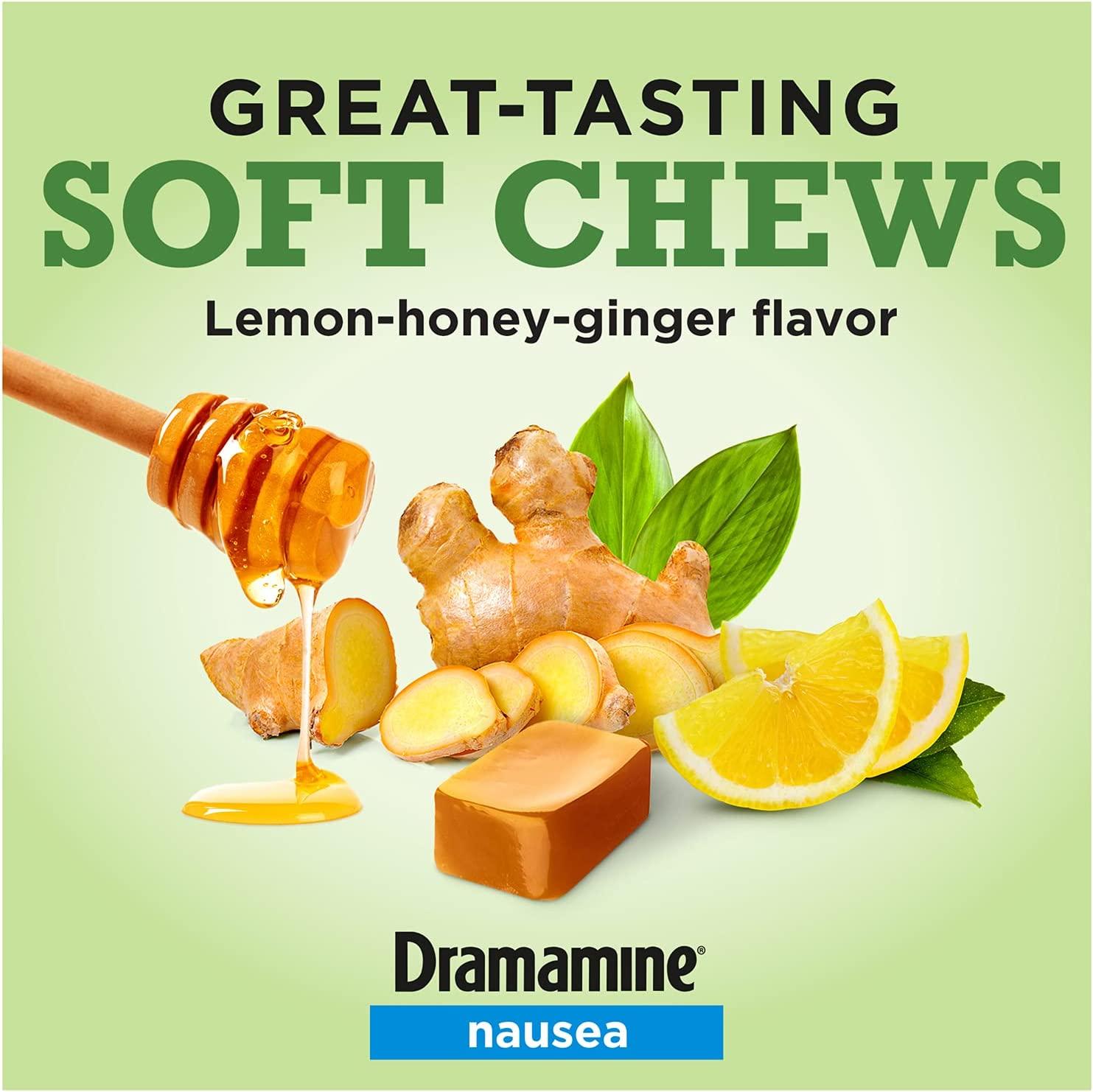 Dramamine Ginger Chews, Relieves Nausea, Lemon Honey Ginger Flavor, 20