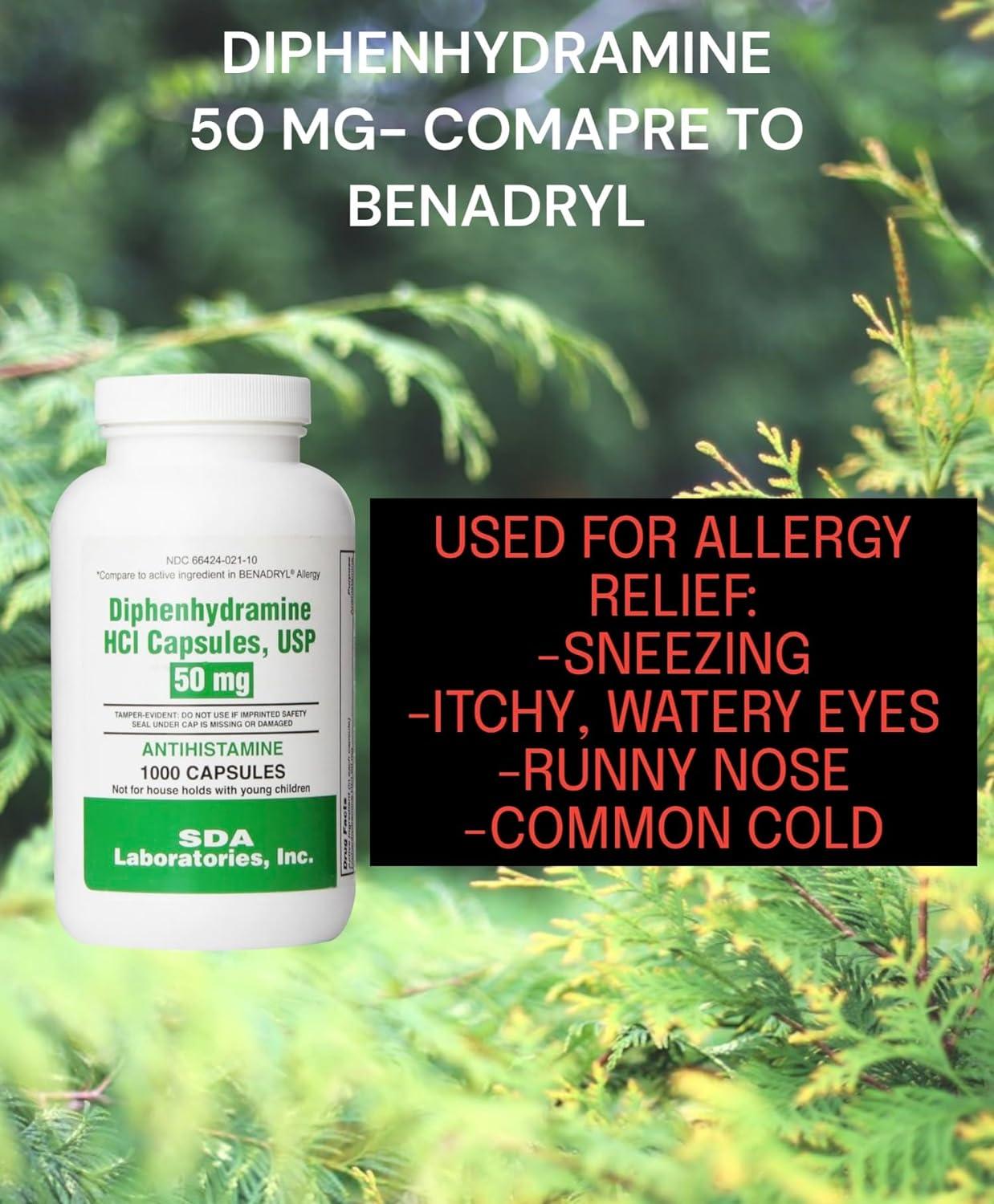 Diphenhydramine HCl 50mg 1000 Capsules, Allergy Relief, Cold & Cough Compare to BENADRYL