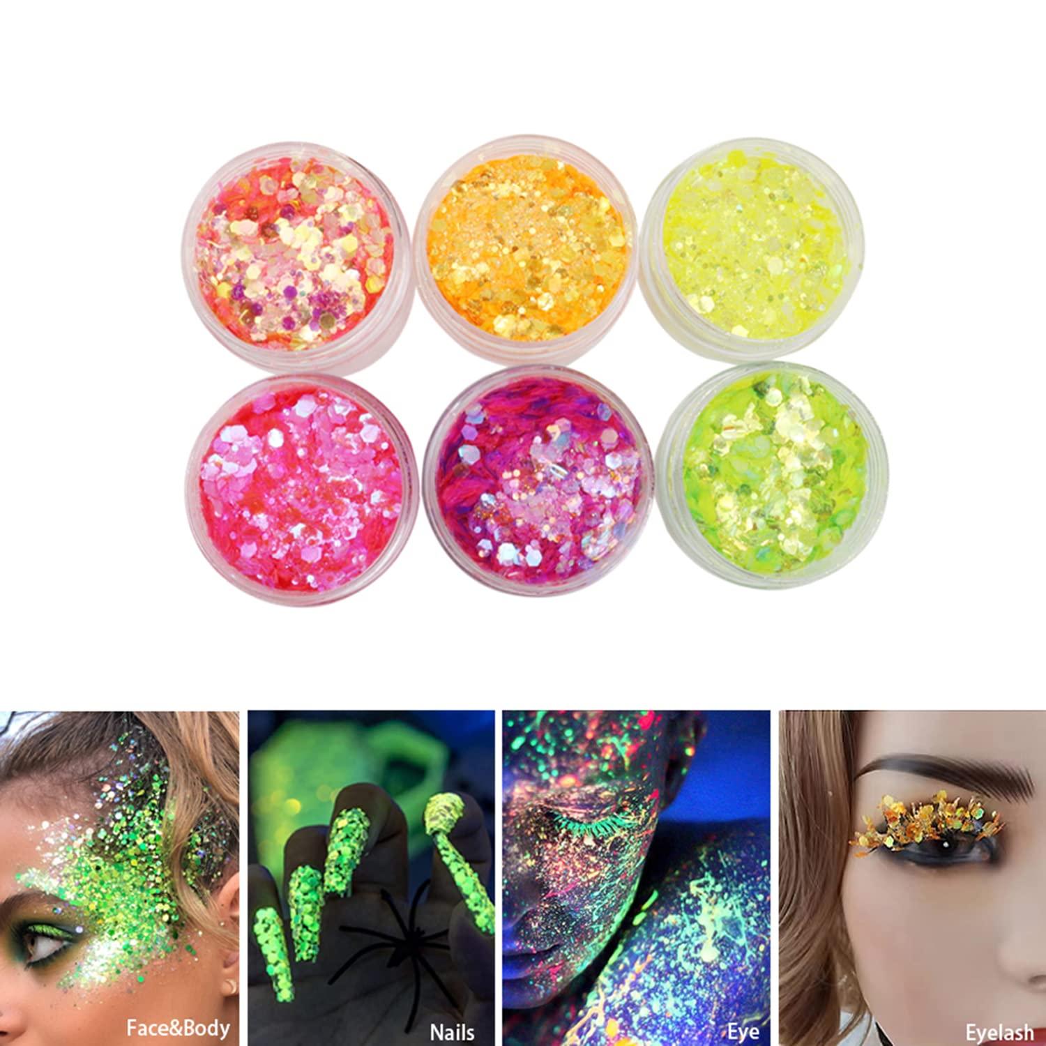 Glow in The Dark Glitter Eyeshadow Powder, Findinbeauty 6 Colors UV Glow  Blacklight Chunky Cosmetic Glitter for Crafts, Festival, Rave, Yoga, Body,  Face, Nails, Party Makeup 6color glitter