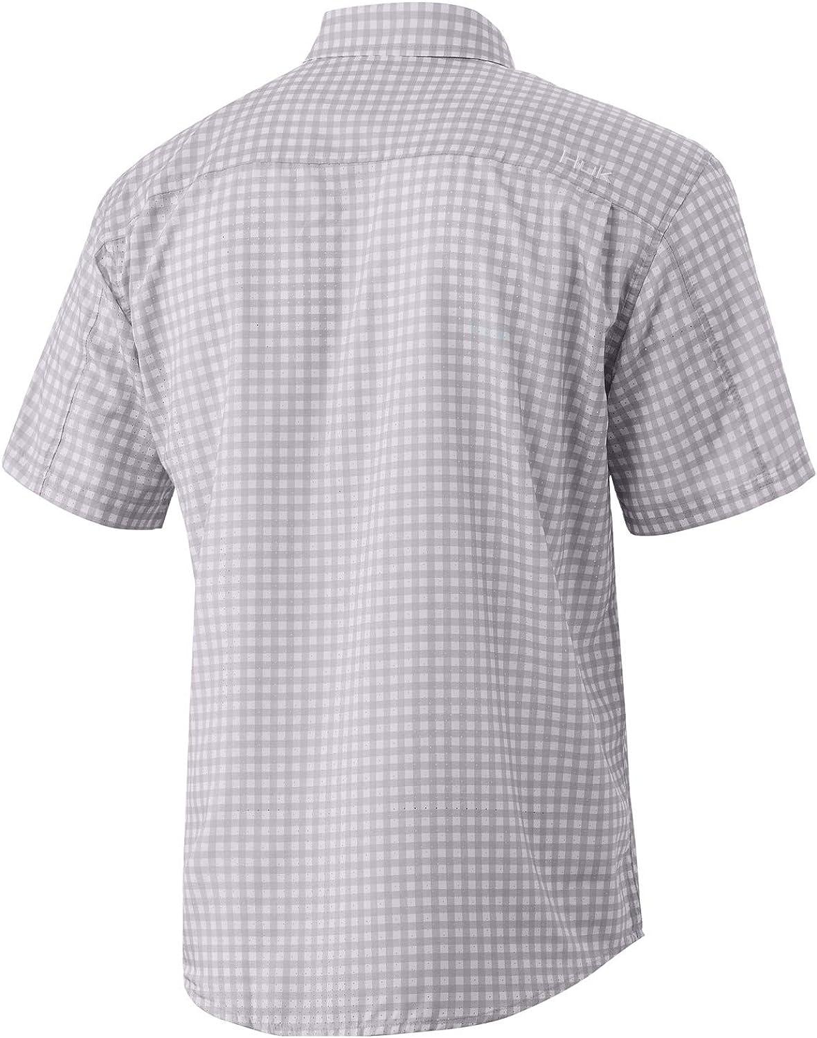 HUK Men's Teaser Short Sleeve Fishing Button Down Shirt +UPF Lavender Blue  Gingham Small