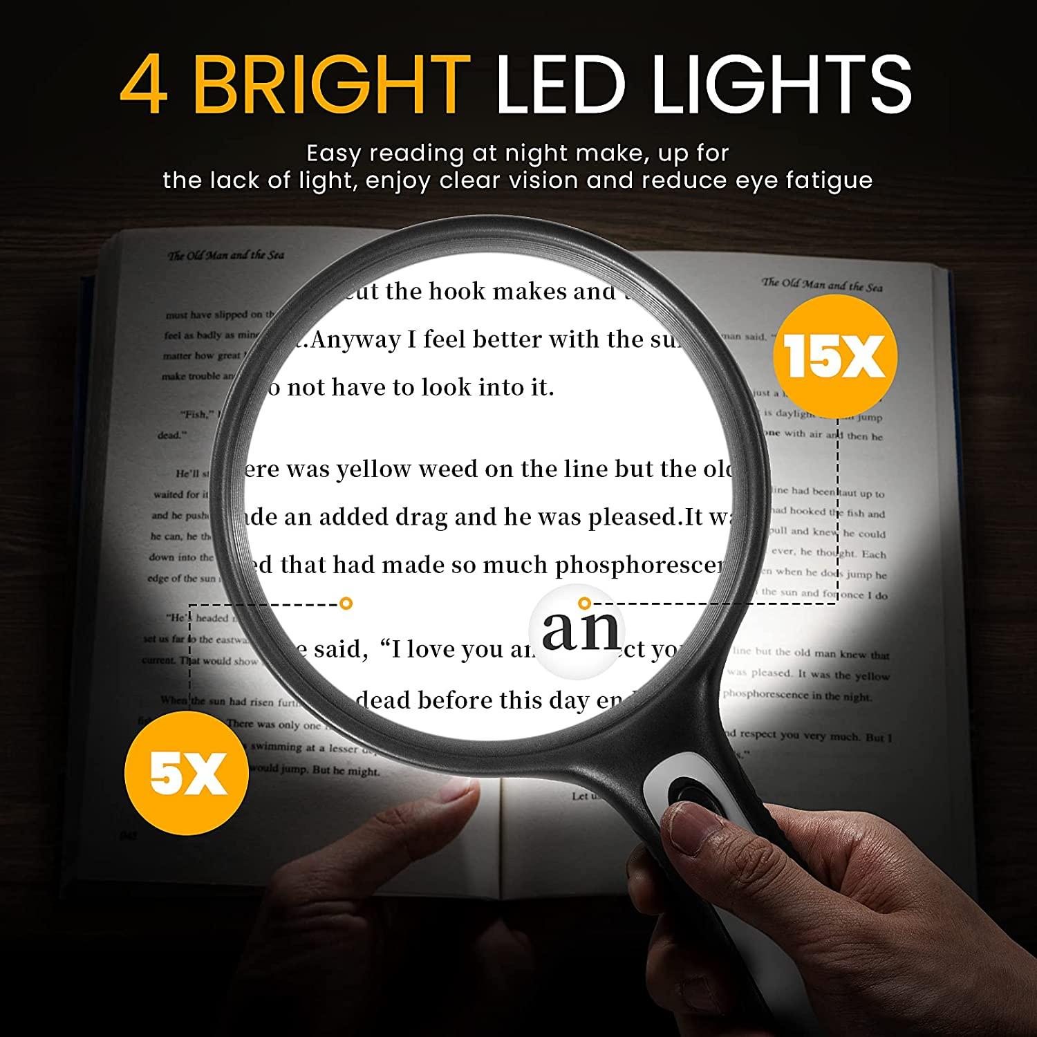 ANBULL 5X 15X Magnifying Glass with Lights, 5.5in Large Handheld Page  Magnifier, Lighted Magnifying Glass for Reading, Small Prints, Low Vision  Seniors (Black)