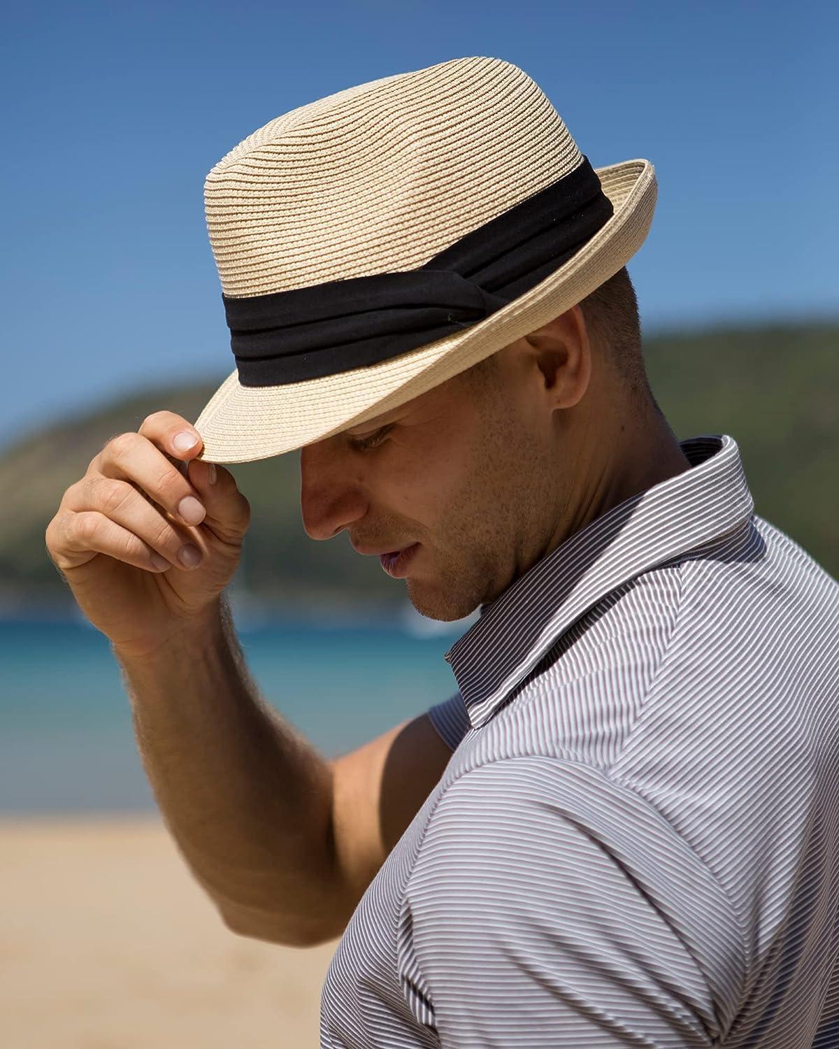 FURTALK Fedora Straw Sun Hat for Men Women Foldable Roll Up Short Brim  Trilby Hat Panama Beach Hat UPF 50+ Beige Medium-Large