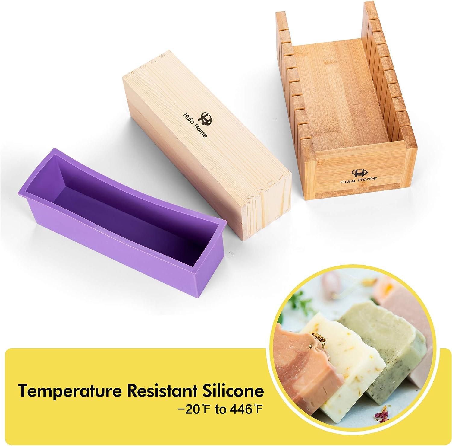 Soap Molds Making Kit with Wooden Cutter Measuring Box (44oz Purple Silicone)   for Adults, Melt and Pour or Cold Process, 100pc Bags, Stainless Steel  Wavy & Straight Slicer Soap Mold w/Cutter