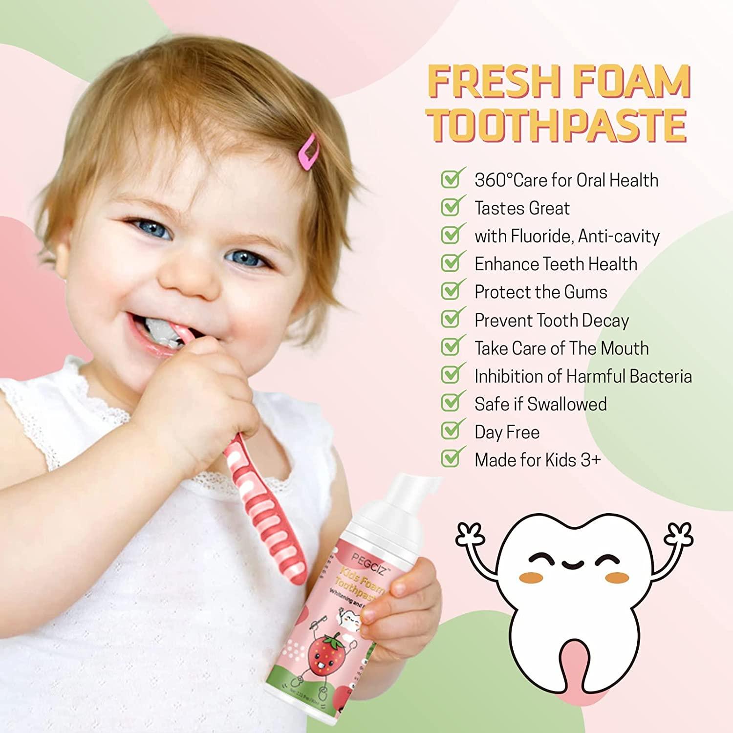 Kids Foam Toothpaste 2 Pack with Low Fluoride UShaped Toothbrush