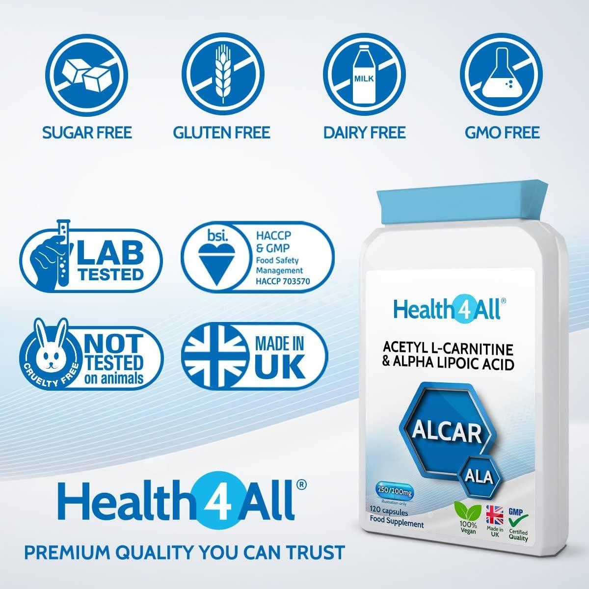 Acetyl L-Carnitine 250mg & Alpha Lipoic Acid 200mg 120 Capsules - Vegan  ALCAR ALA Supplement | Health4All Made in UK - 120 Count | Buy Now with  Express International Delivery | GoSupps.com