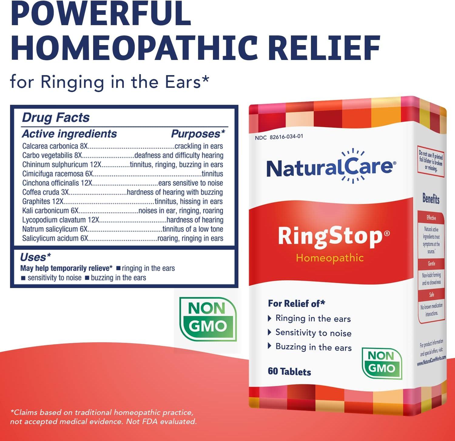 NaturalCare RingStop Tinnitus Relief 60 Tablets Homeopathic Formula for Ringing Ears, Noise