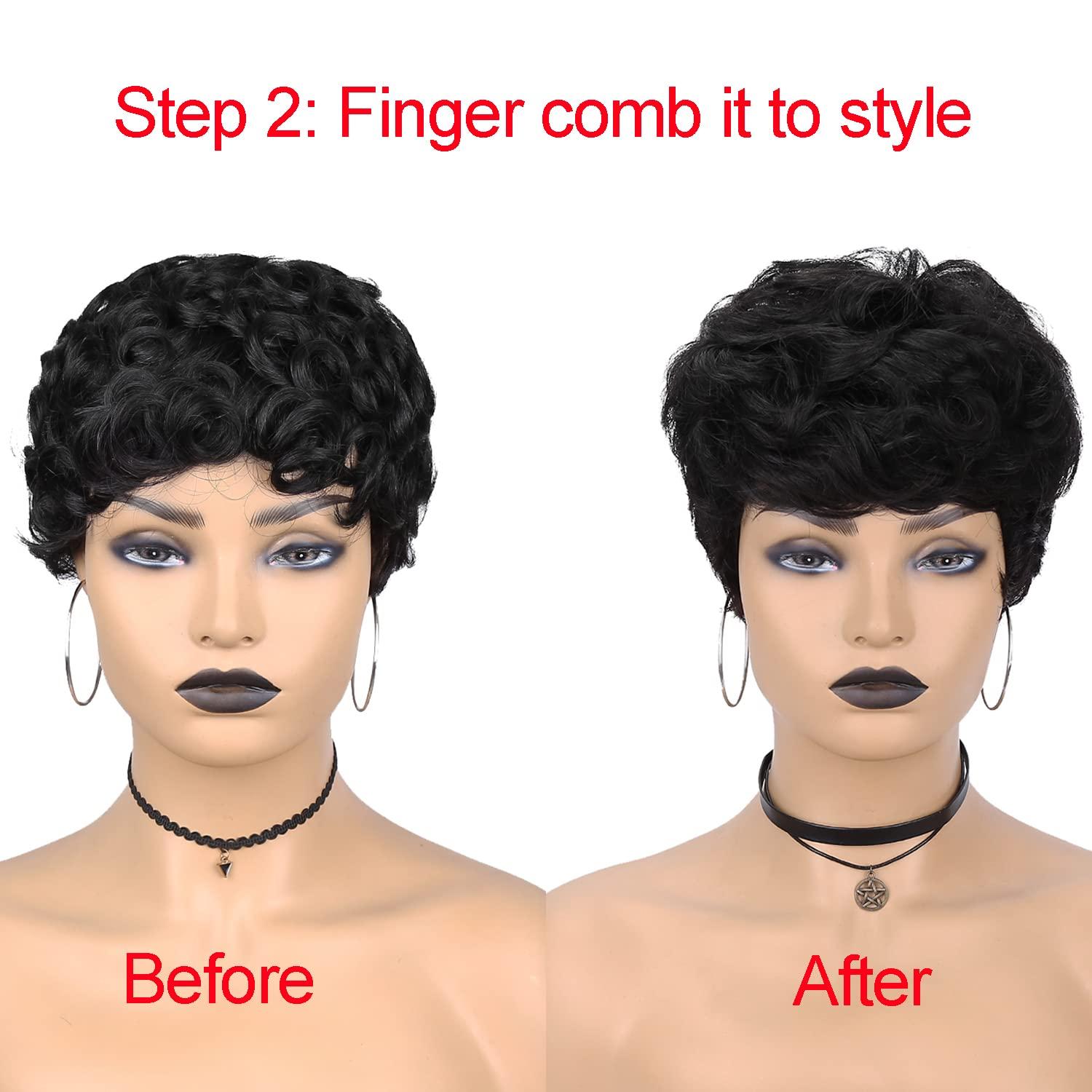 Fancy Hair Human Hair Wig Short Pixie Cut Wigs Black Slight Wavy