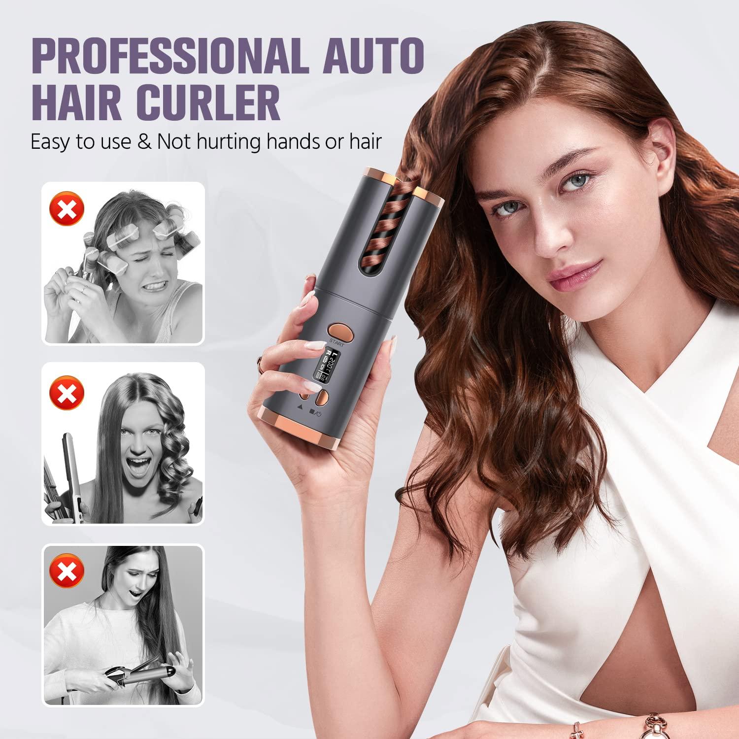 Cordless Hair Curler - Automatic Curling Wand - USB Wireless Curling Iron -  Hair Curling - with 6 Adjustable LCD Temperature Display & Timer Settings -  Rechargeable Portable for Home, Travel Silver