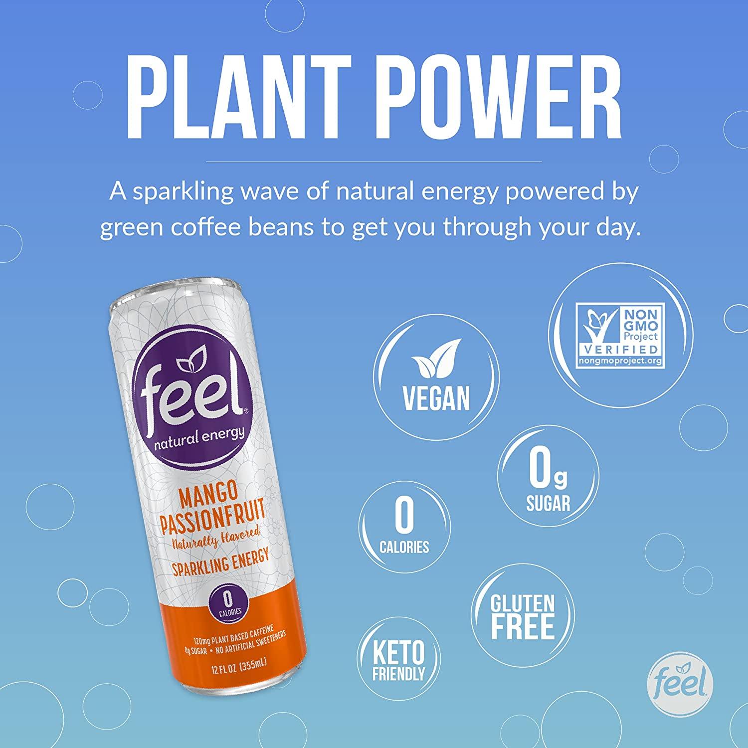 FEEL Sparkling Mango Passionfruit Natural Energy Drink, Zero Sugar Healthy Energy Drink, L