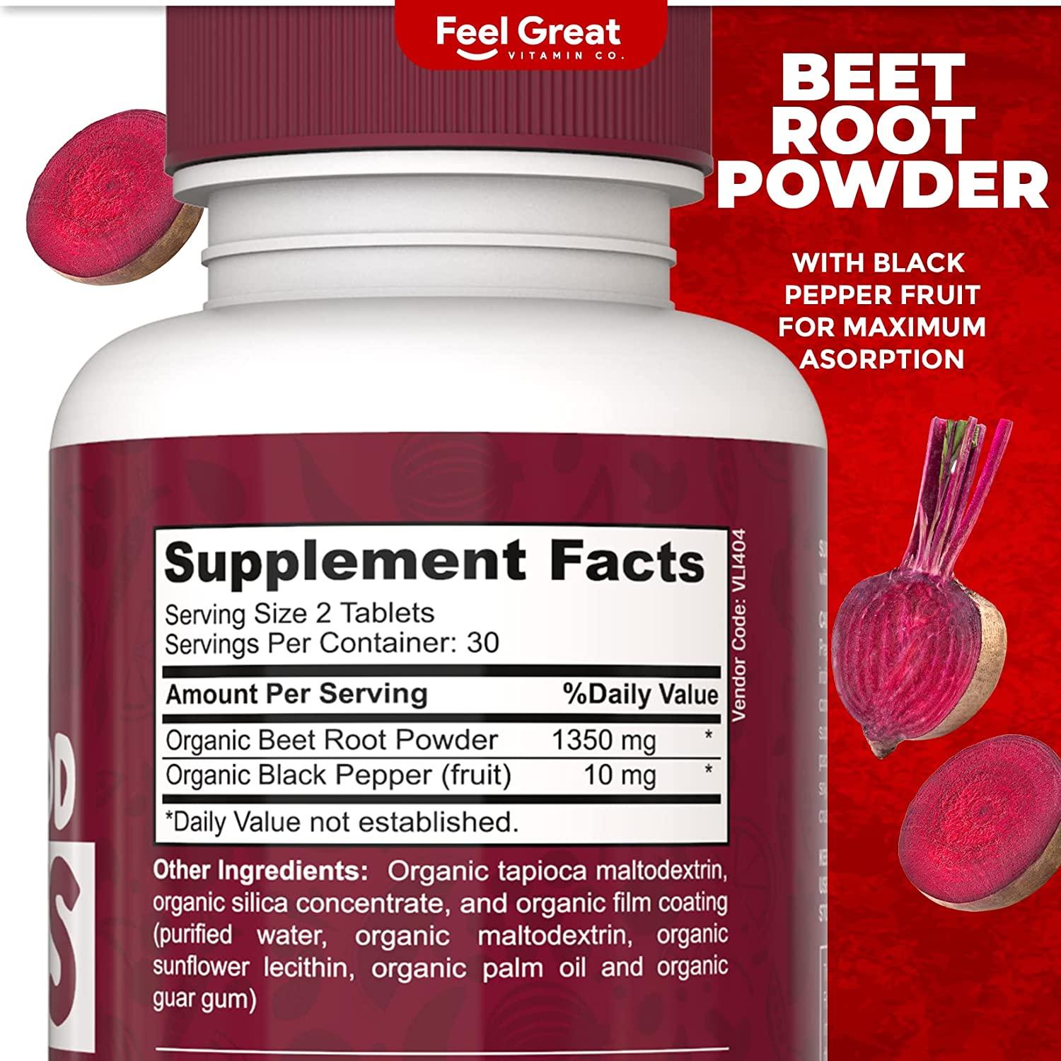 Organic Beet Root Tablets by Feel Great Vitamin Co. Nitric Oxide