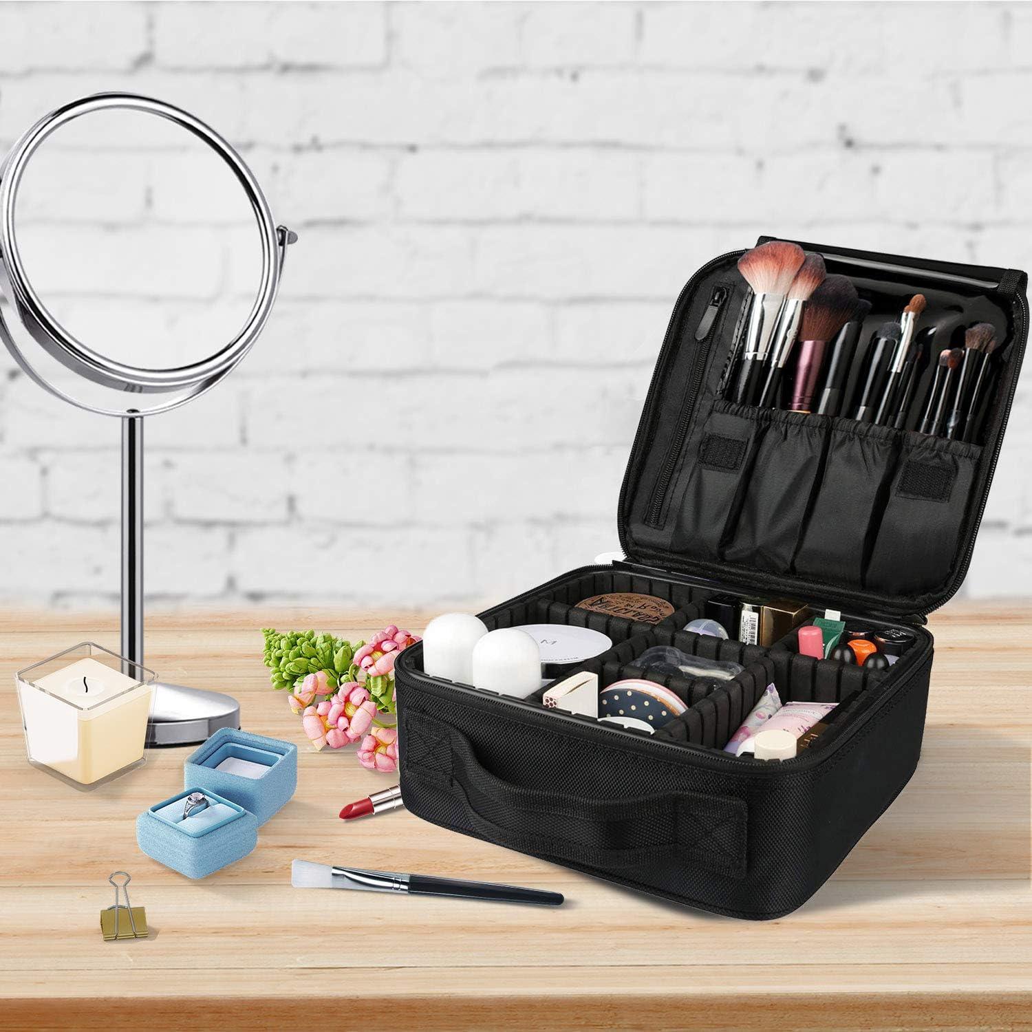 Portable Travel Makeup Case Organizer with Adjustable Dividers Black