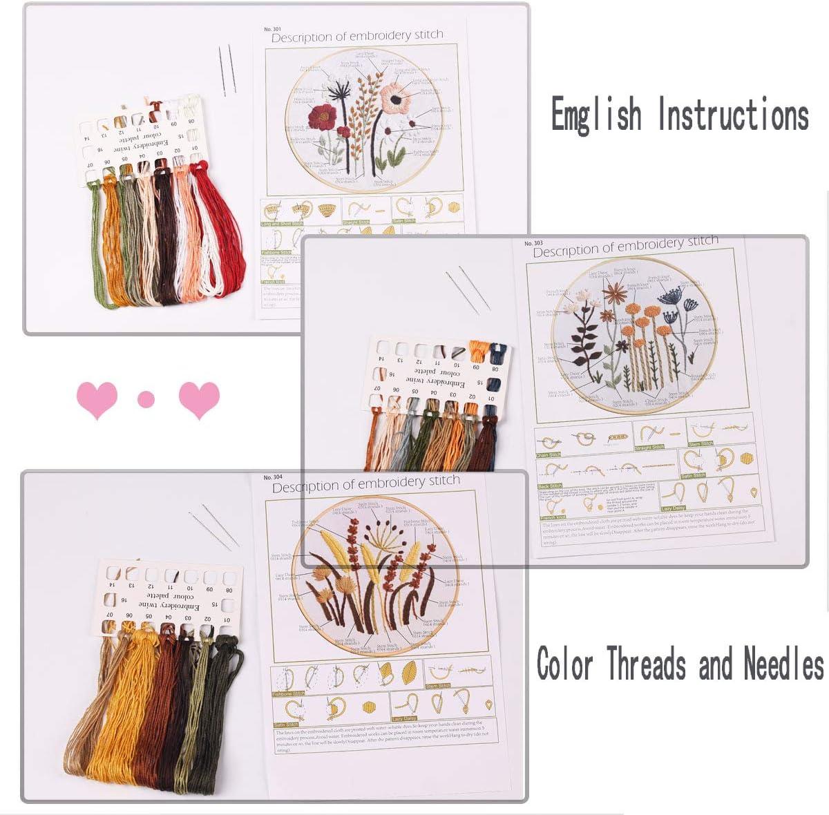 3 Sets of Beginner Embroidery Kits with 3 Patterns and 6 Needles  Needlepoint Kits for Adults Including Embroidery Floss 3 Plastic Hoops and  3 Cotton Fabric beige