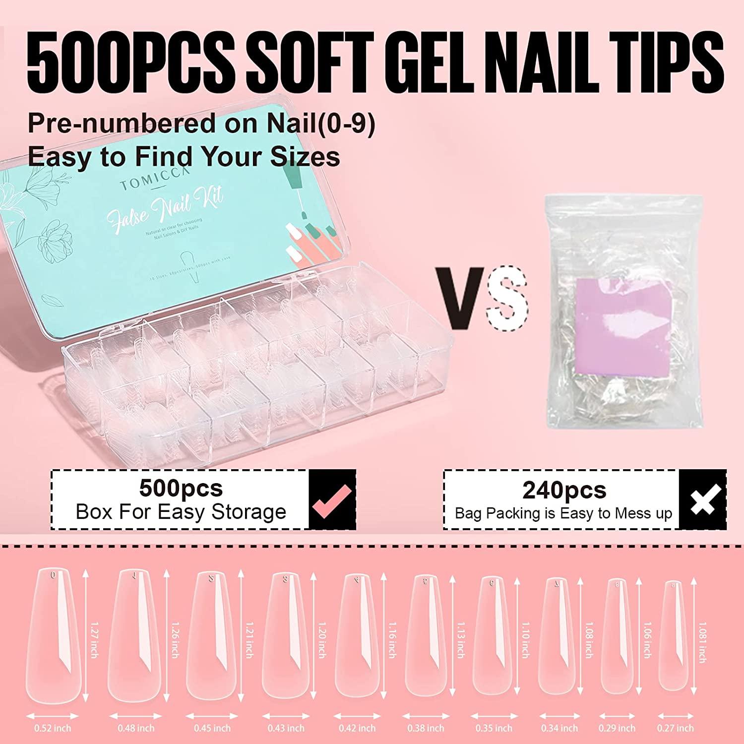 TOMICCA Nail Tips and Glue Gel Kit 500PCS Coffin Soft Gel Nail Tips