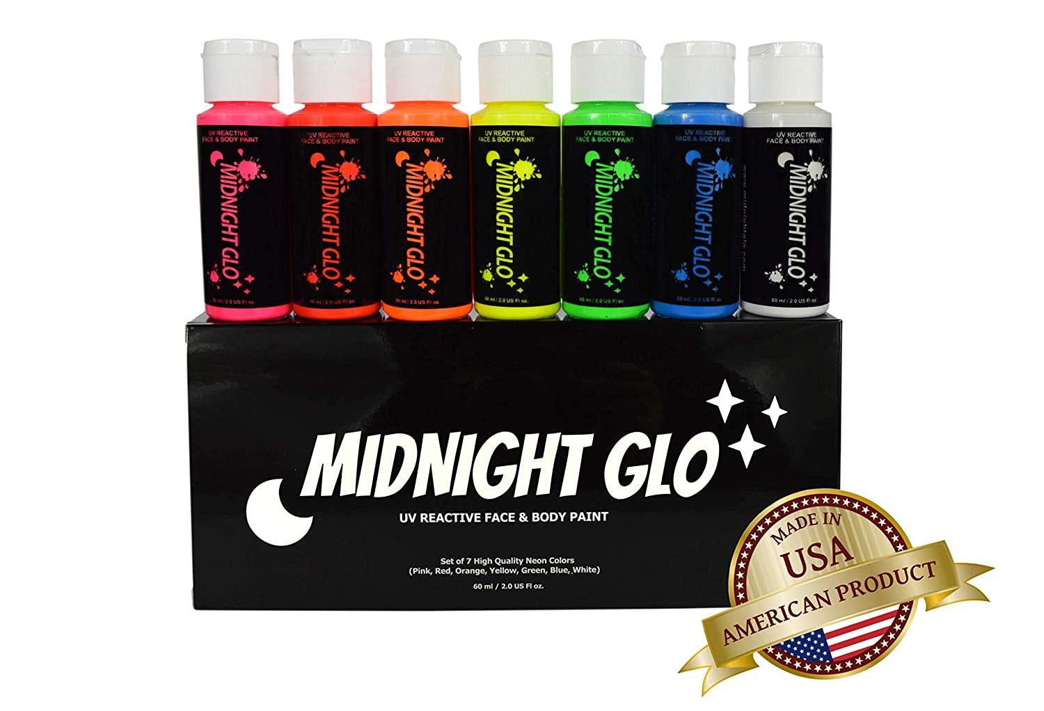 Midnight Glo Acrylic Paint Black Light Reactive Set of 8 Bottles0.75oz  Great for Crafts, Art & DIY Projects, Blacklight Party 