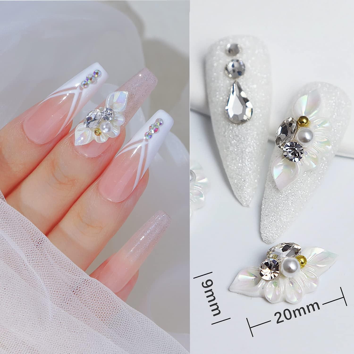 30Pcs 3D Flower Nail Charms for Acrylic Nail Nail Art Charms with Pearls  Crystals Flower Nail Design Nail Art Decorations Nail Jewels Accessories  Acrylic Nail Supplies for Women Nail DIY (White)