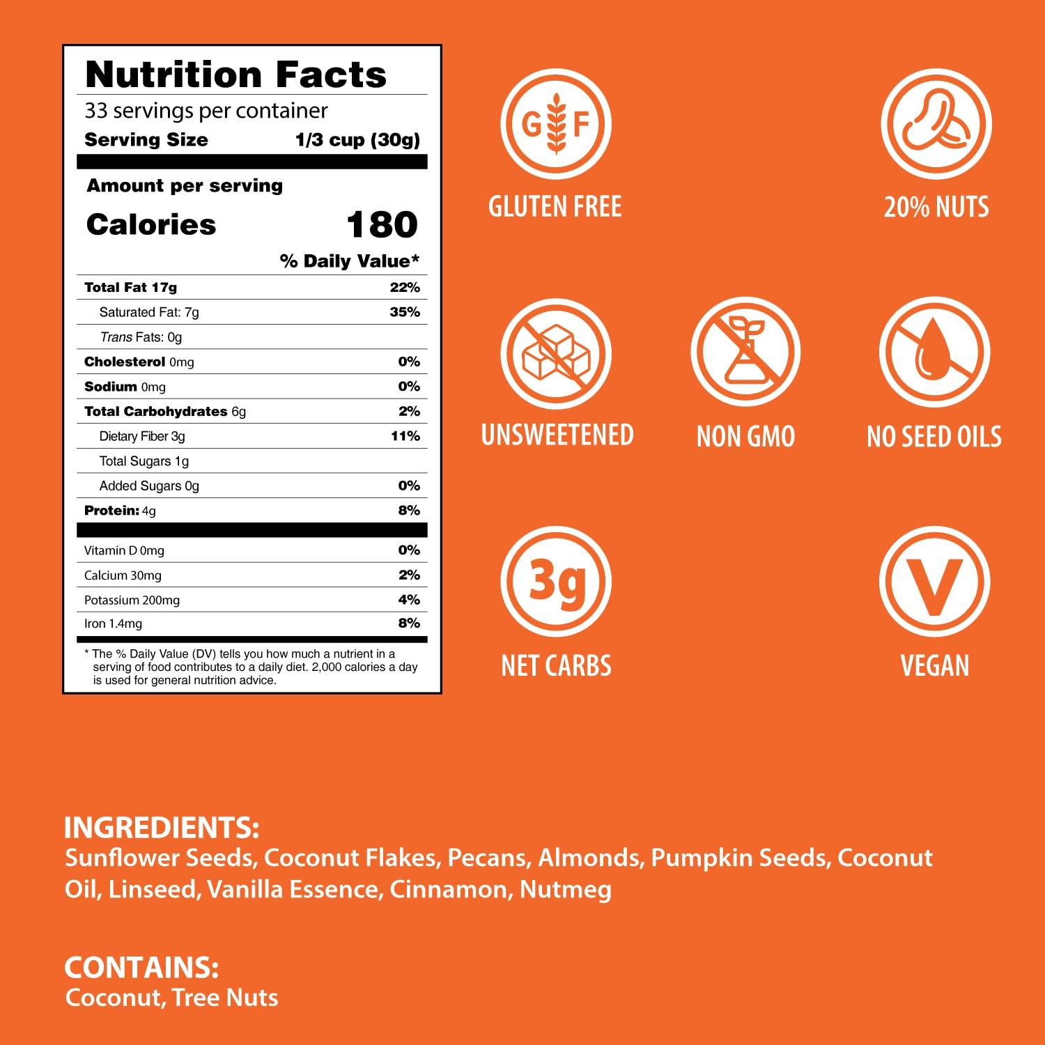 Pecan & Almond Keto Granola LARGE 35oz Resealable Bulk Bag Gluten Free, Unsweetened, No Salt