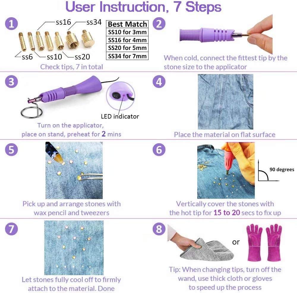 Hotfix Applicator, DIY Rhinestone Wand Setter Tool Kit Include 7 Different  Sizes Tips, Tweezers & Brush Cleaning kit, 2 Pencils, and Hot-Fix Crystal  Rhinestones (10 Colors Rhinestone) (Purple)