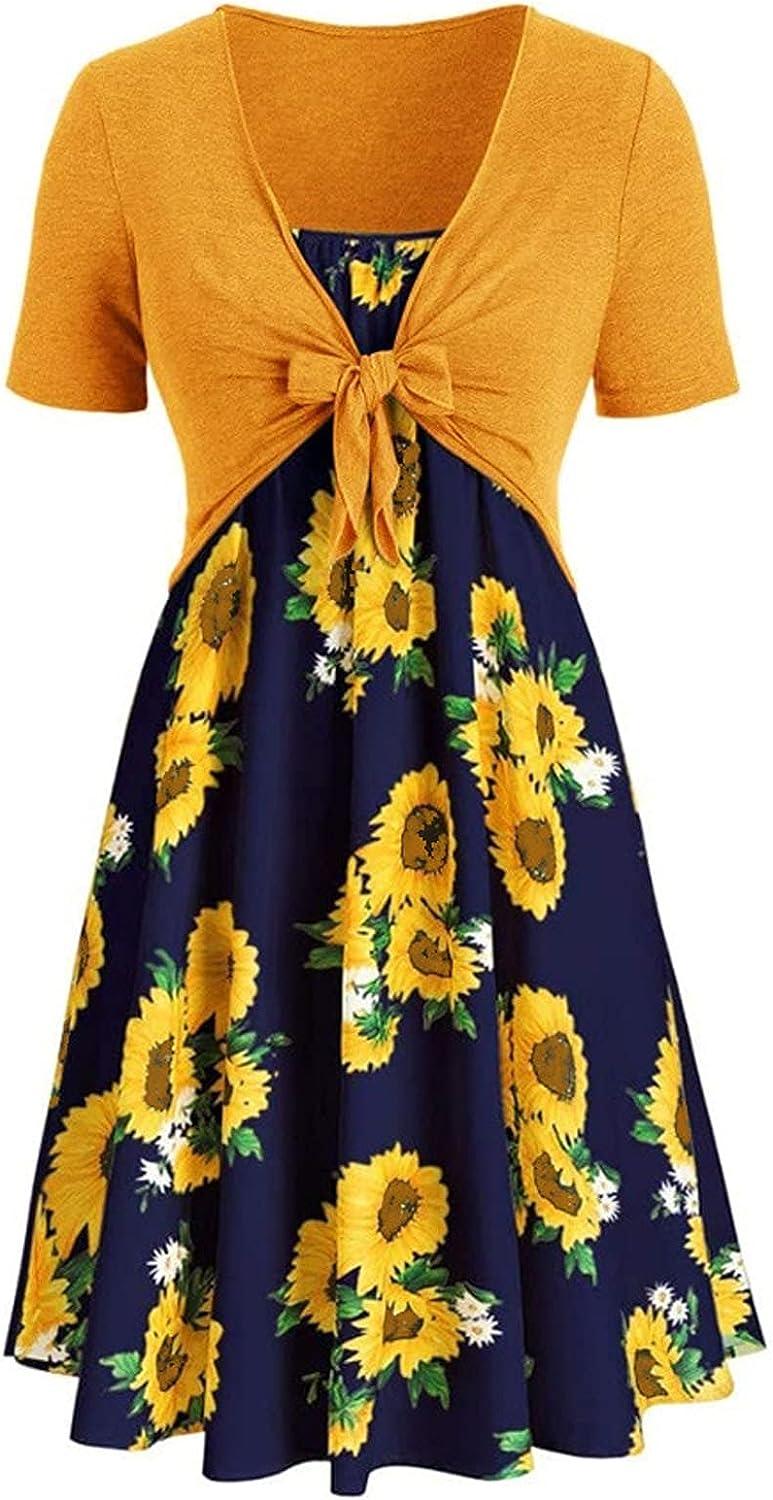 Women's Yellow Floral V-Neck Summer Dress | Short Sleeve A-Line Swing Dress  | Buy Now with Express International Delivery