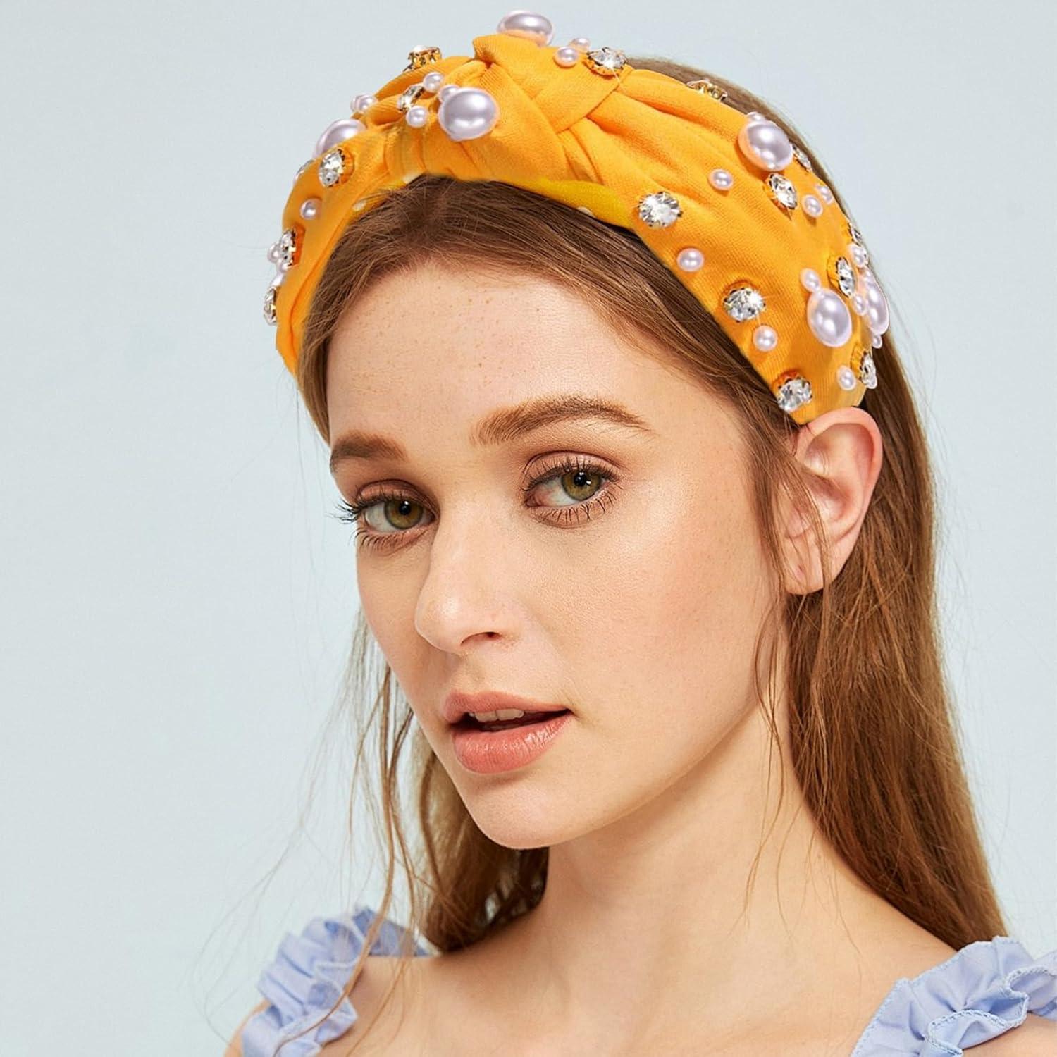 Umimiss Yellow Headband with White Pearl Rhinestone Crystal