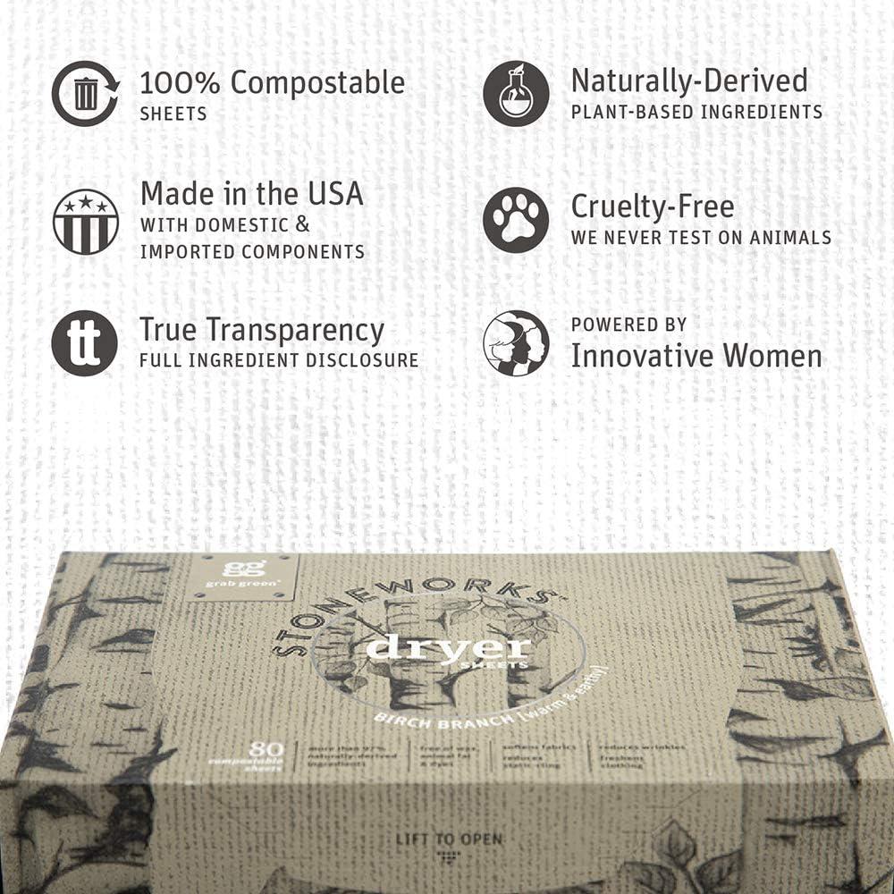 Grab Green, Stoneworks Dryer Sheets, Oak Tree, 80 Compostable Sheets