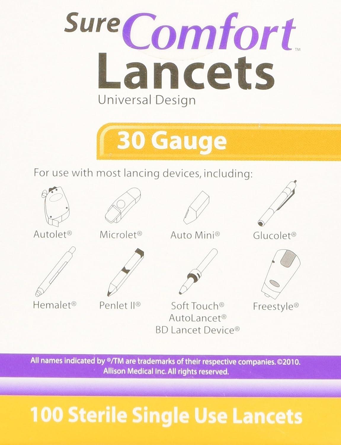 Sure Comfort Universal Lancet 30g 100 Count Easy and Painless Blood