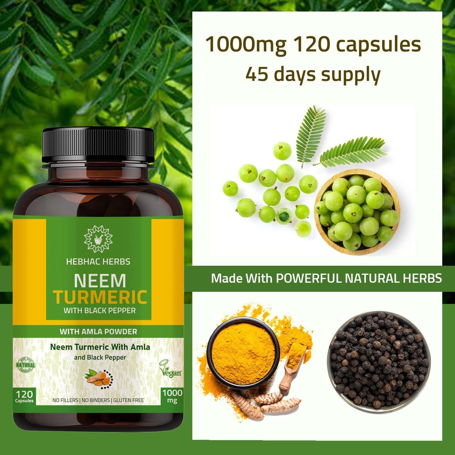 Neem Turmeric Capsules with Amla and Black Pepper 120 Veg Capsule Made with Organic Neem