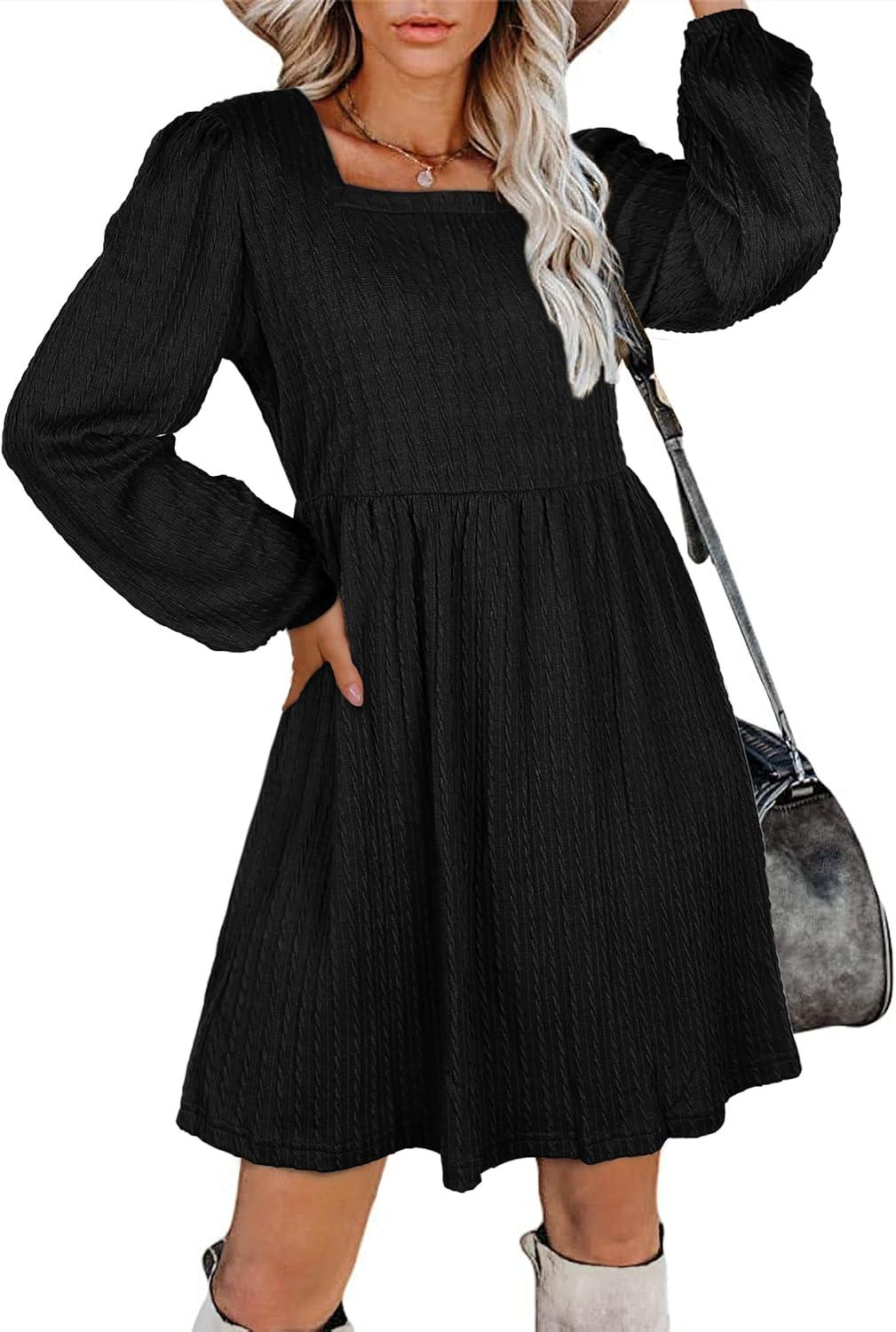 Aokosor Long Sleeve Knit Dress Square Neck Jumper Dresses Knee Length Babydoll Dresses L Black Aokosor Long Sleeve Knit Dress Square Neck Jumper Dresses Knee Length Babydoll Dresses L Black