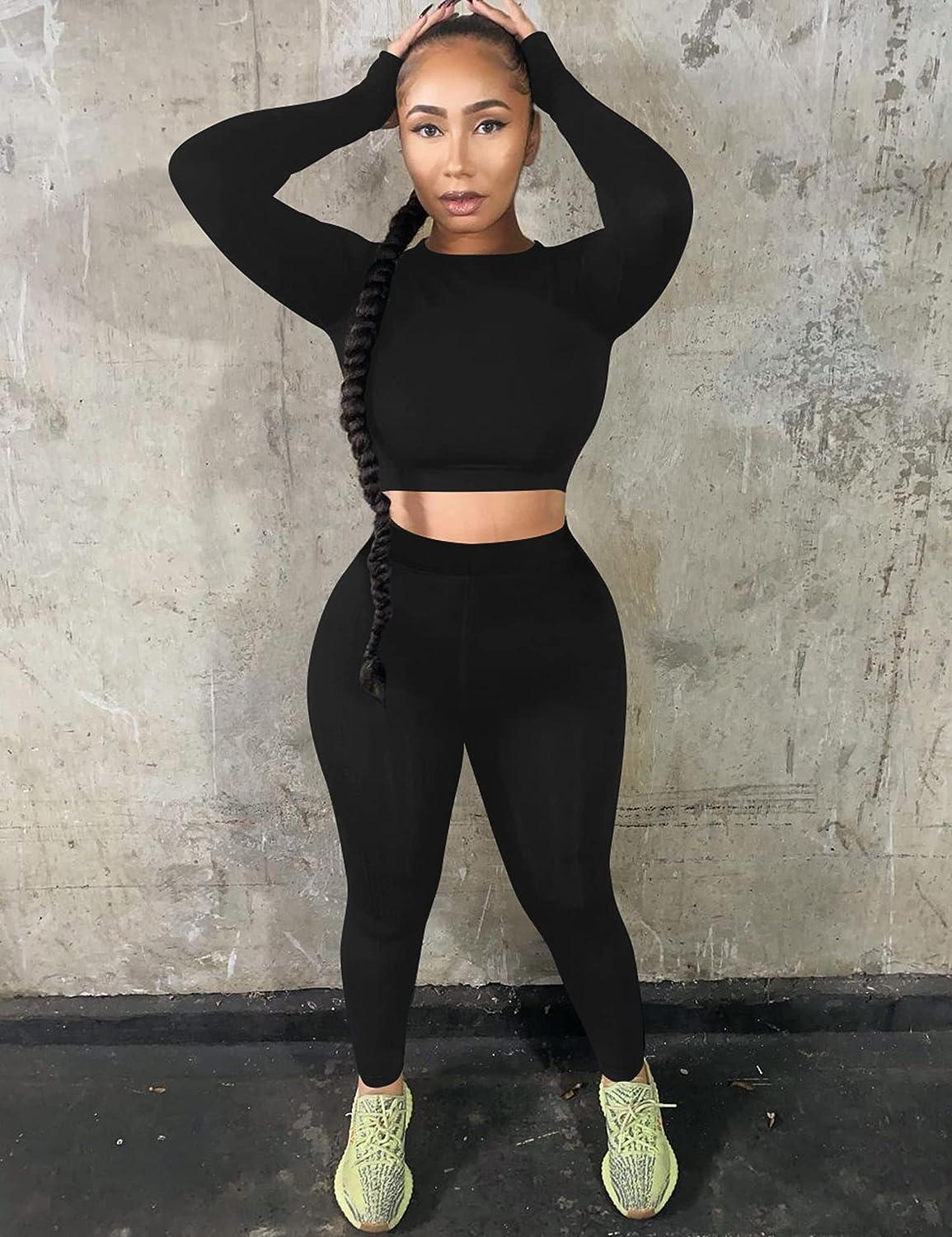 Kaximil Women's Workout Tracksuit 2 Piece Outfits Long Sleeve Crop Top High  Waist Legging Pants Set X-Large Black