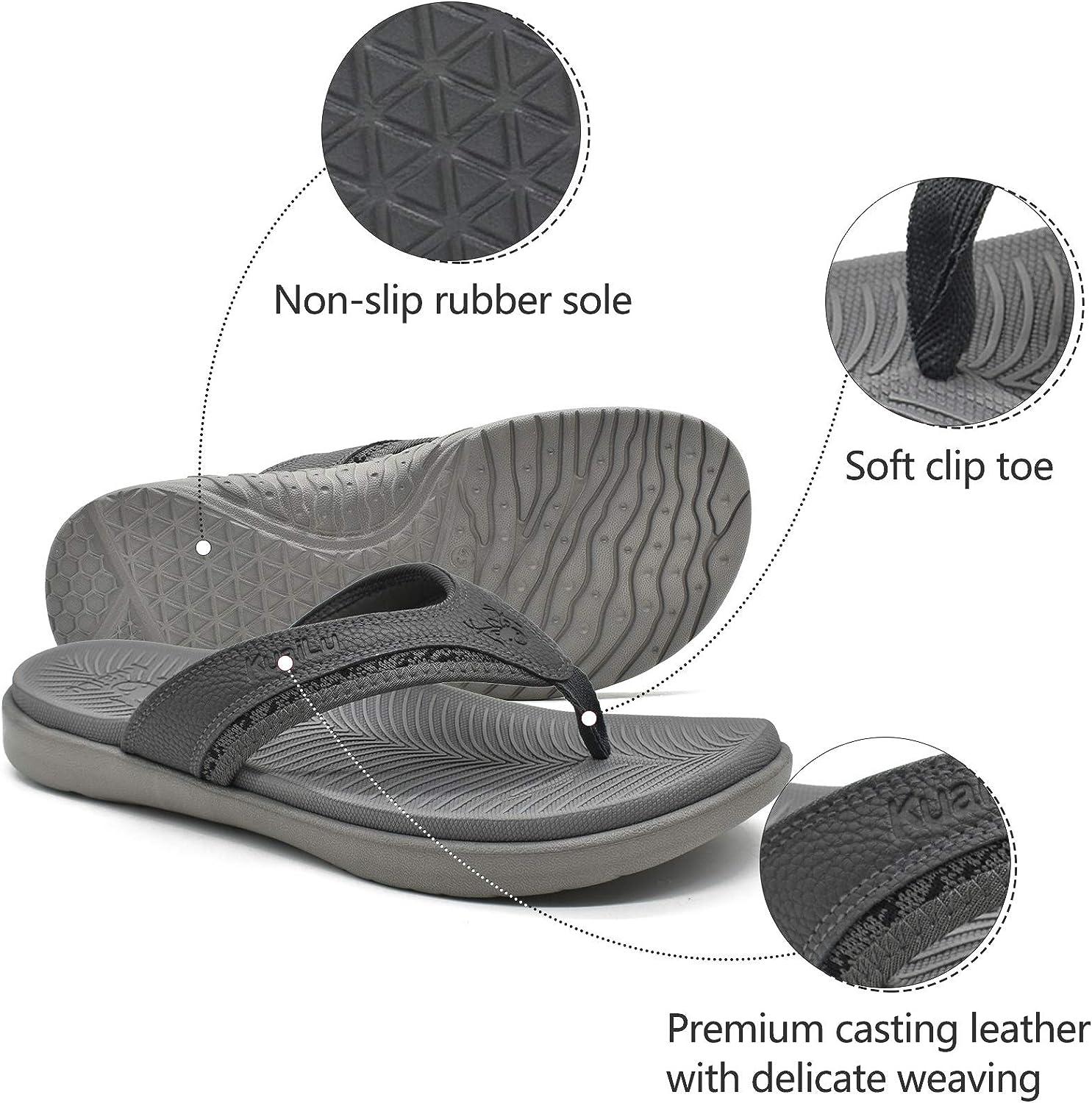 KuaiLu Mens Leather Sport Flip Flops Comfort Orthotic Thong