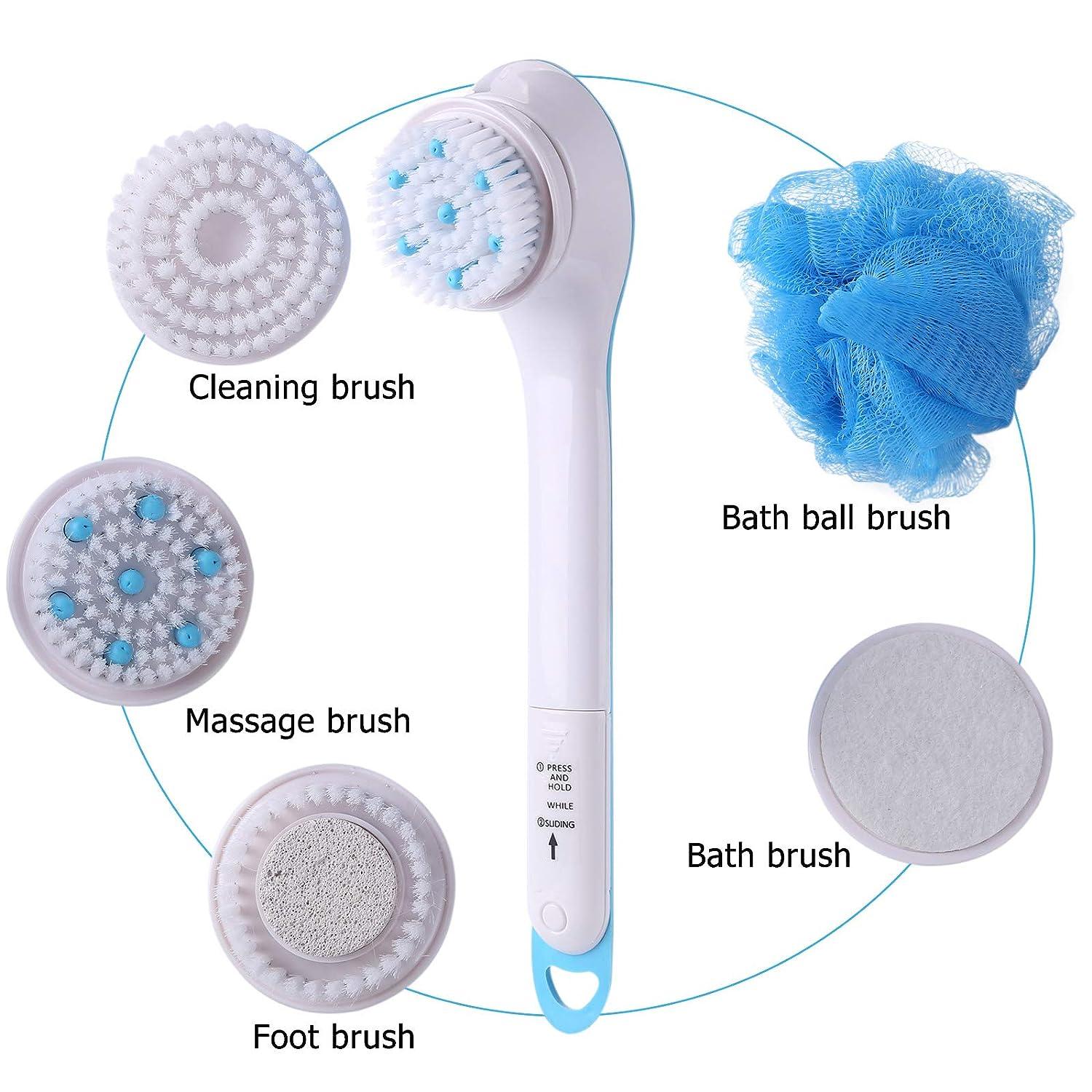 qiutian712 Electric Shower Brush Waterproof Long Handle Rotating Bath and  Body Brushes Exfoliating SPA Massage Scrubber with 5 Replacement Brush  Heads (White)