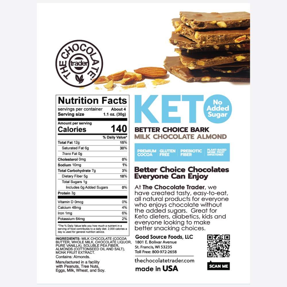 The Chocolate Trader Keto Bark, Milk Chocolate, Almonds. No Sugar Added