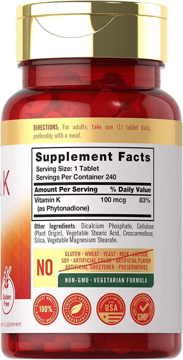 Vitamin K 100 mcg 240 Tablets Vegetarian NonGMO Gluten Free Vitamin K