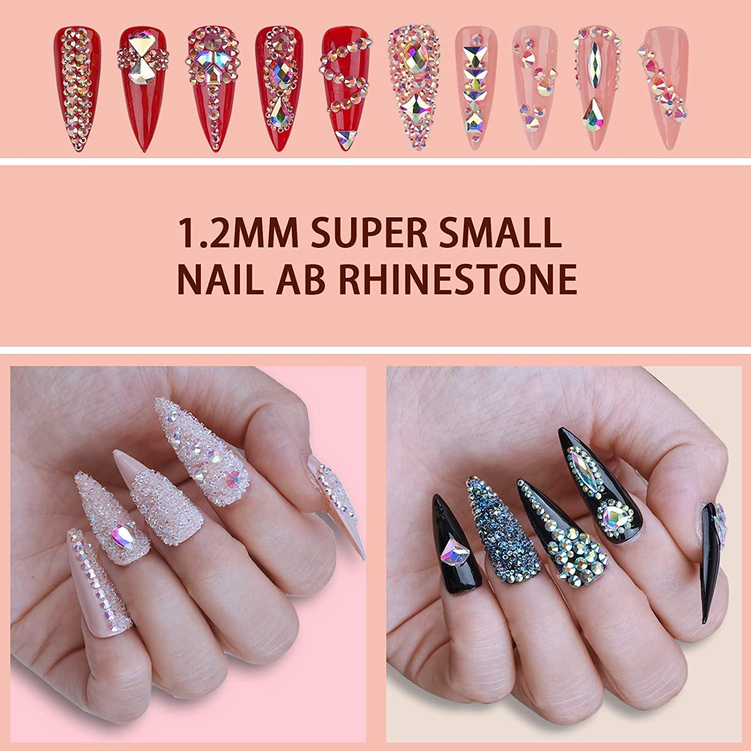 8000Pcs Ultra Mini 1.2mm Nail Rhinestones Sand Nail Diamonds Micro Pixie  Crystals for Nails Iridescent AB Bling Like Swarovski, Tiny Nail Gems Sugar  Glitter Beads Nail Charms, 2Nail Tray(Clear AB)