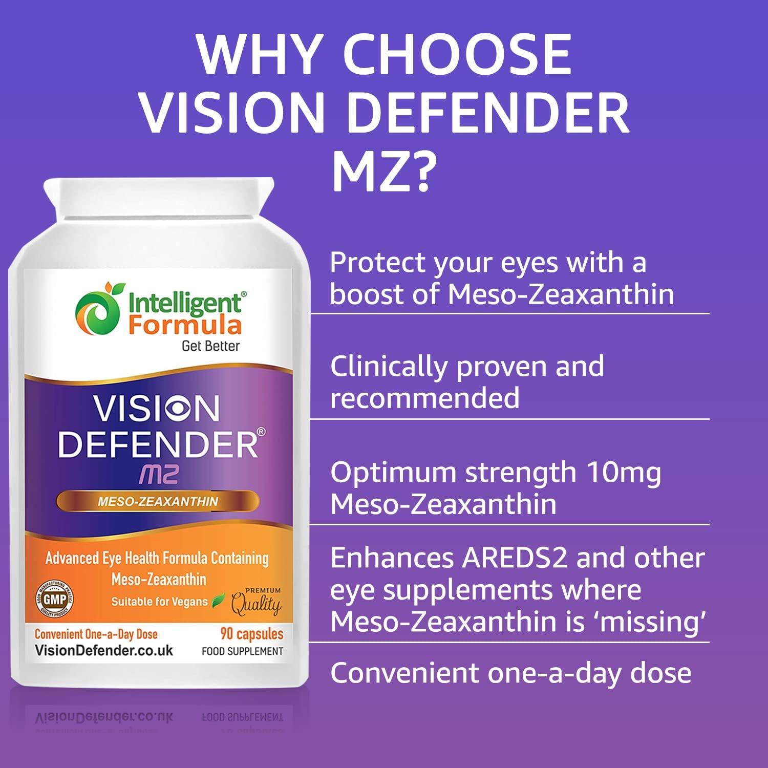VISION DEFENDER MZ Meso Zeaxanthin Vegan Eye Supplement for Ocular Health 90 Capsules UK Made