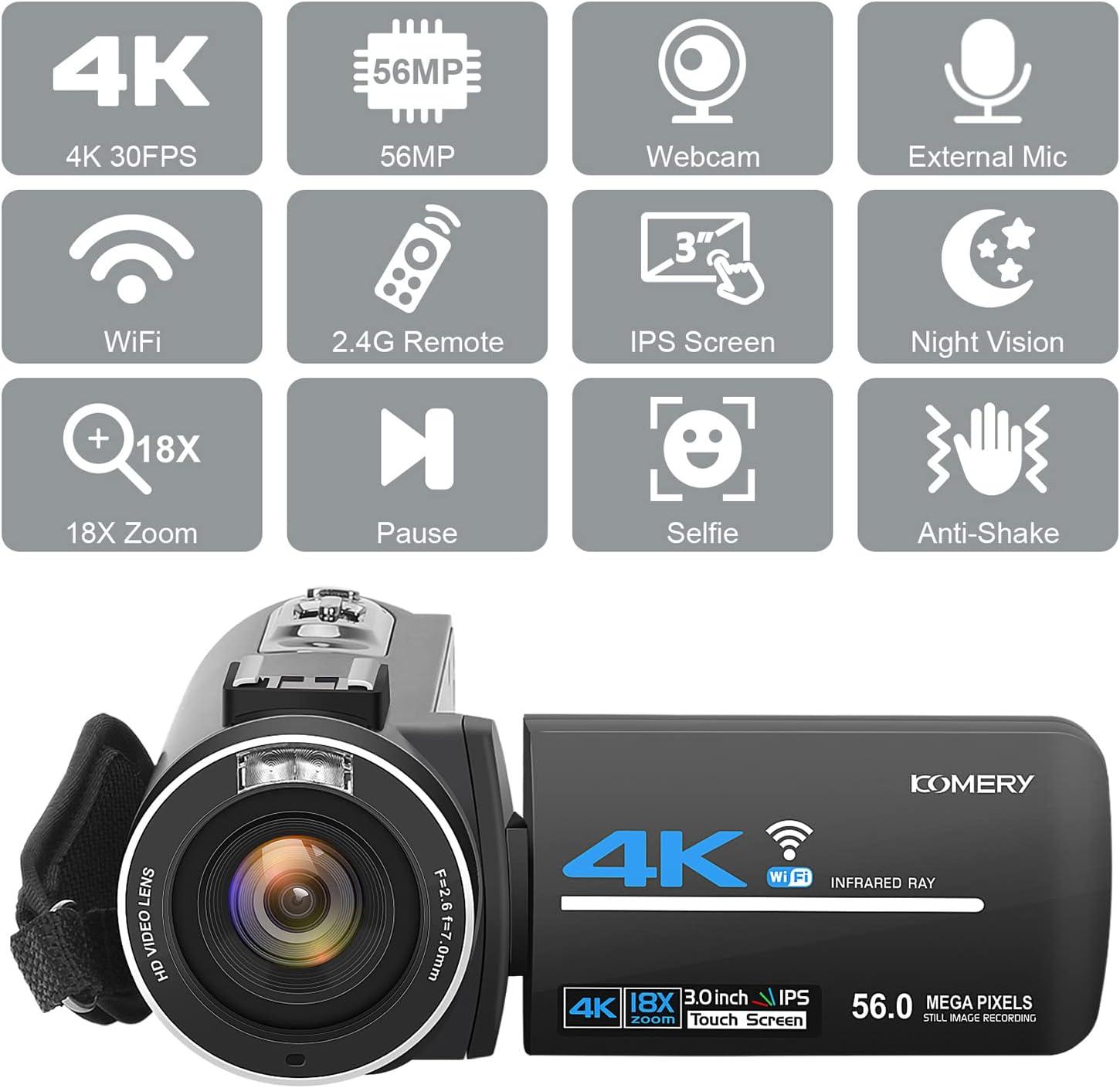 4k Digital Video Camera Wifi Camcorder Dv Recorder 56mp 18x Digital Zoom  3.0 Inch Ips Touchscreen Supports Face Detection Ir Night Vision Anti-shake  W