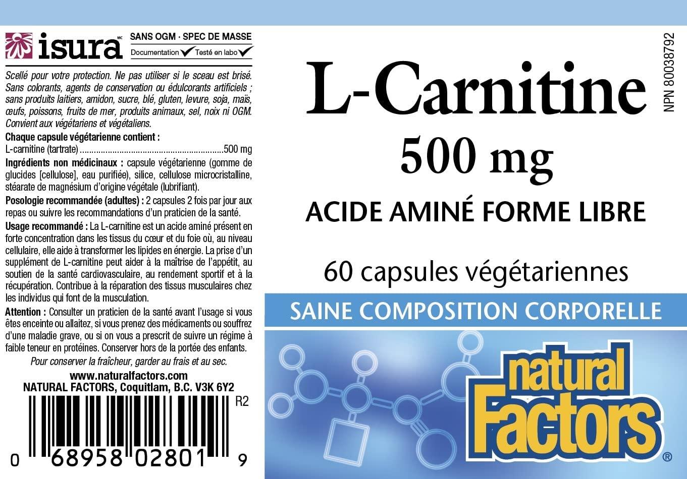 l carnitine natural factors Natural Factors L-Carnitine 500 mg - 60 Vegetarian Capsules | Energy &  Metabolism Support | Buy Now with Express International Delivery