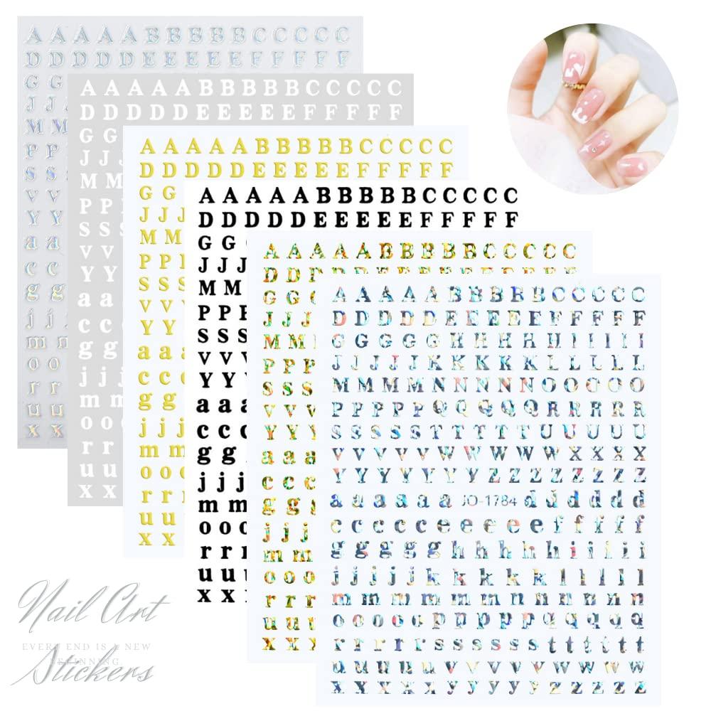 3D Laser Holographic Letter Nail Stickers 6 Sheets Gold Nail Decals