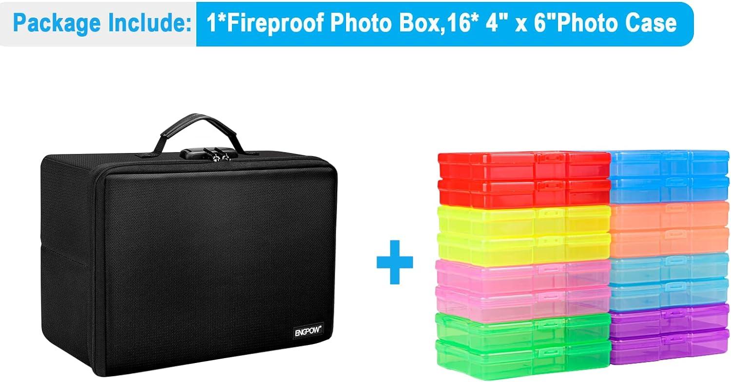 ENGPOW Fireproof Photo Storage Box with 16 Inner 4 x 6 Photo