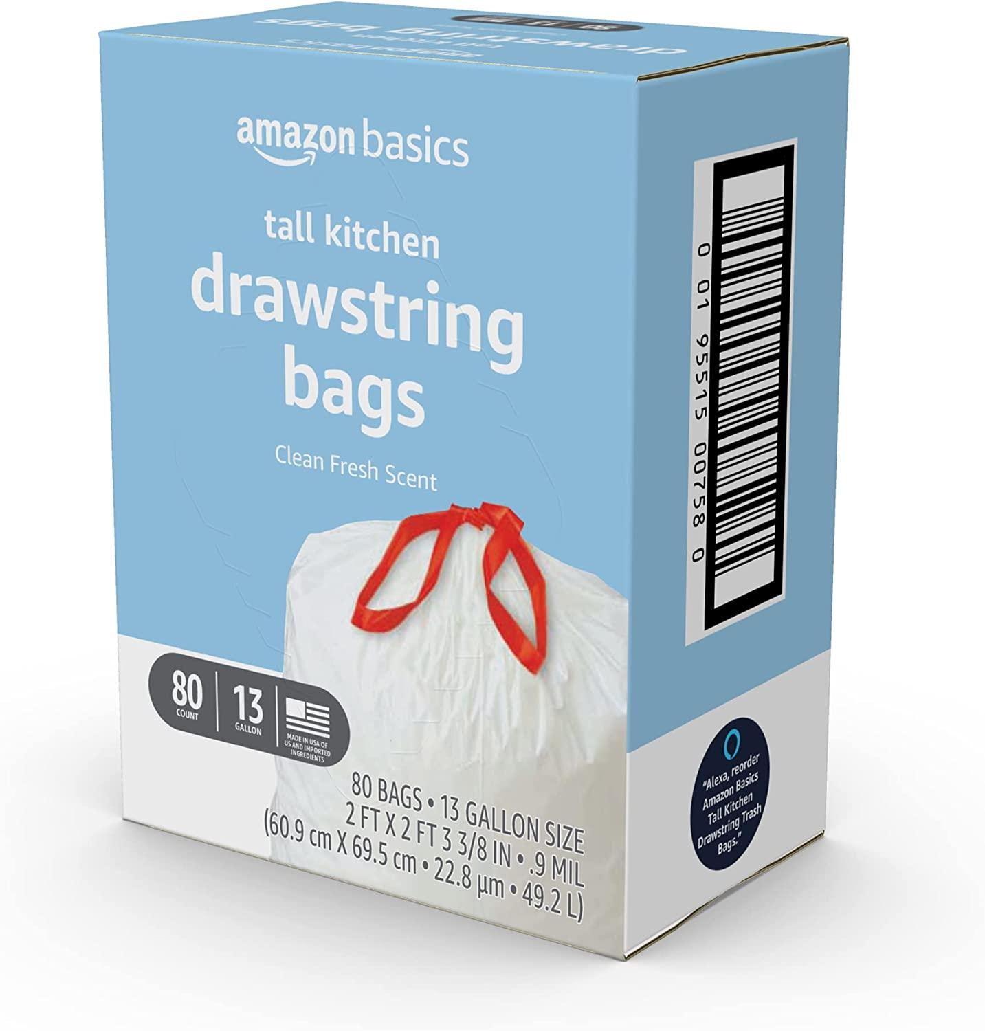 Amazon Basics Tall Kitchen Drawstring Trash Bags, Clean Fresh Scent, 13