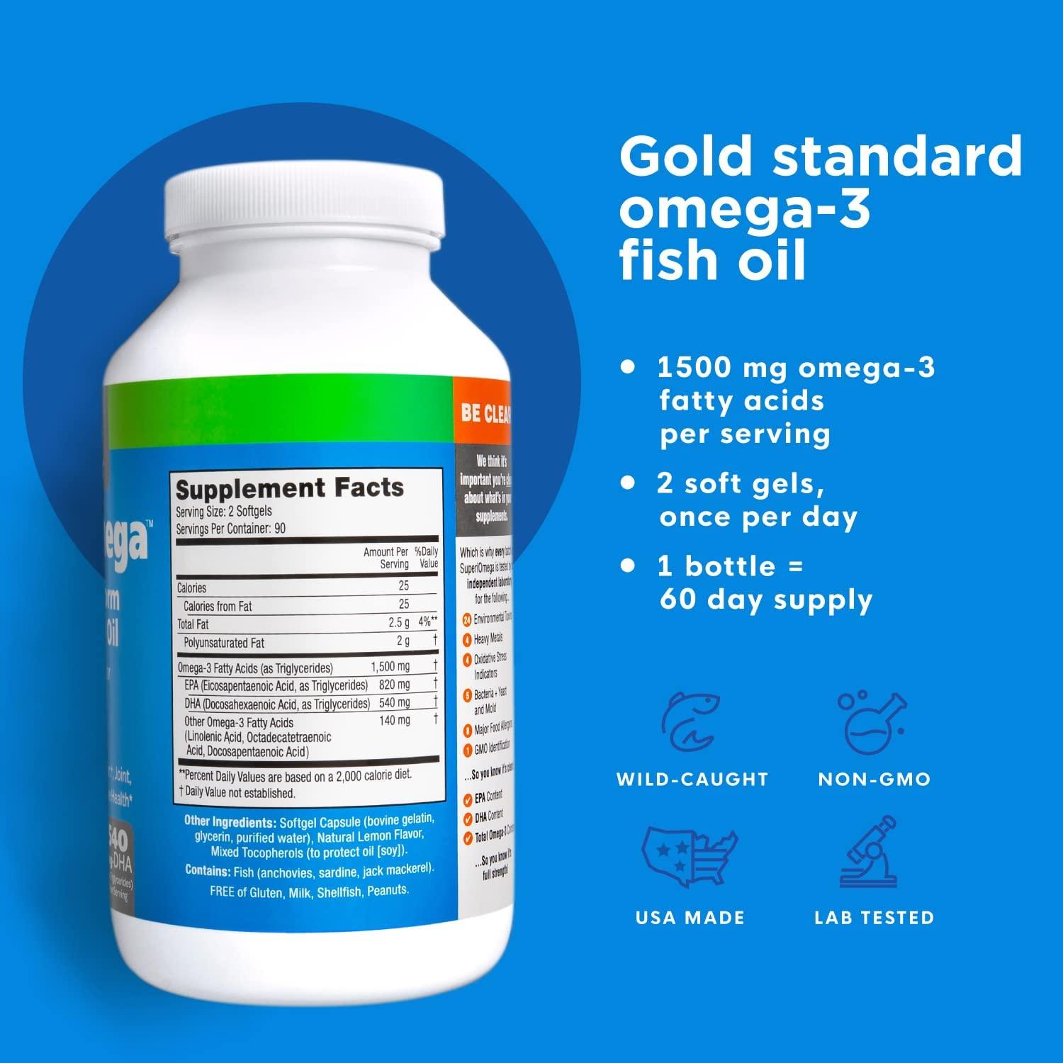 Omega3 Fish Oil for Dry Eyes, Joint, Heart and Brain Health No Fishy Burps, Natural Lemon