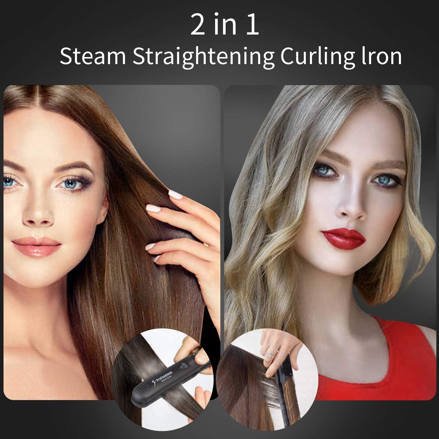 DORISILK Professional Steam Hair Straightener Curler Ceramic Tourmaline Vapor Flat Iron Dual Voltage LED Display Black