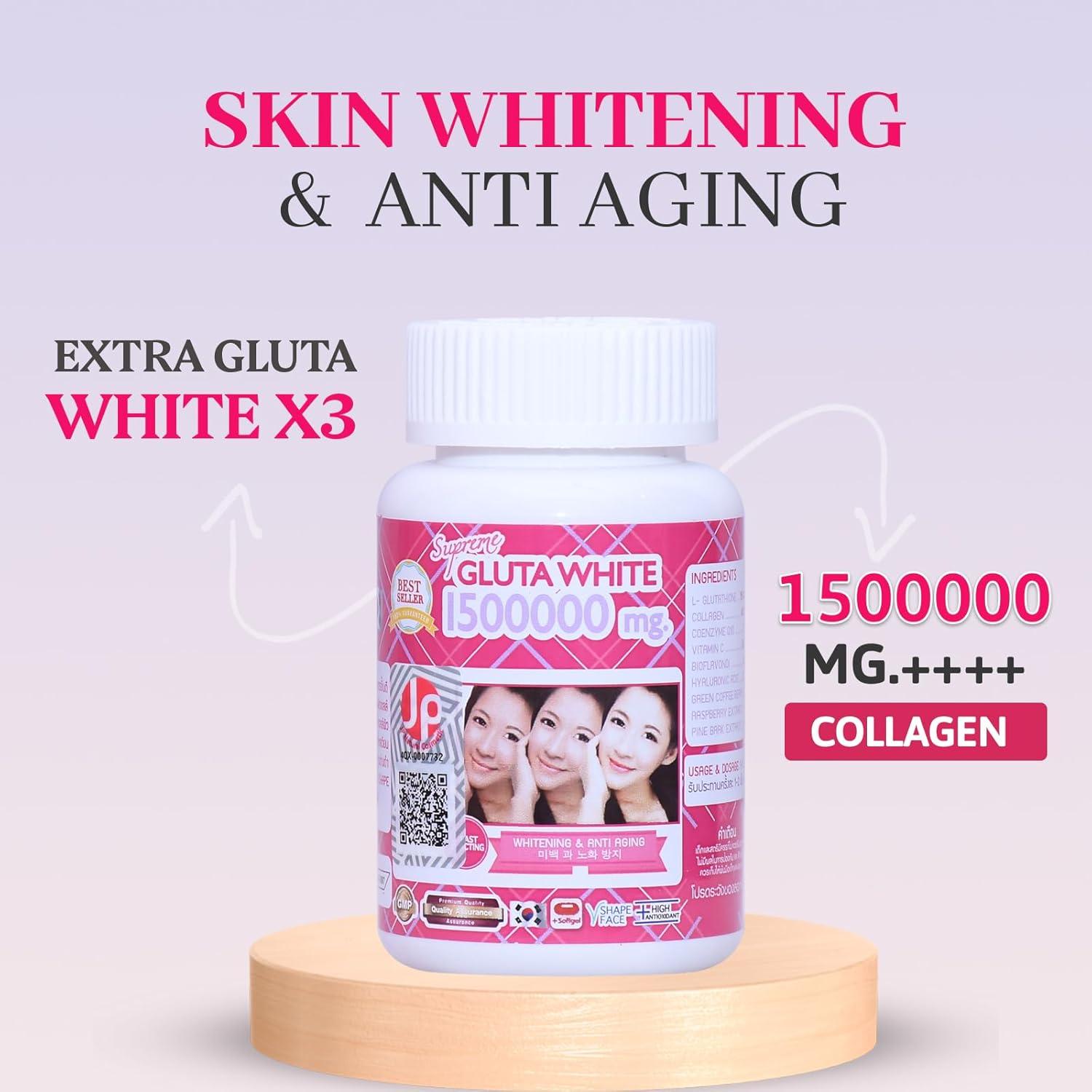 Supreme Gluta White 1500000mg for Skin Whitening Skin Moisturizer Collagen  Stimulator Healthy Blood Circulation Remove Dark Spots & Acne Scars L- Glutathione 30 Softgels (Pack of 1)