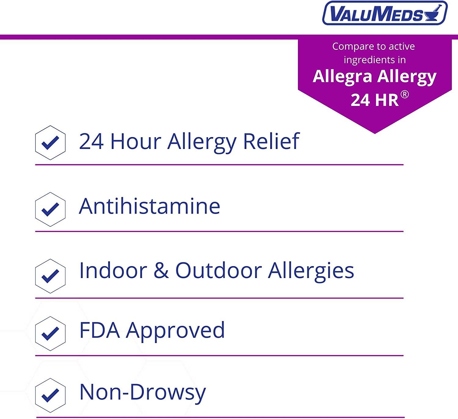 ValuMeds 24Hour Allergy Medicine (100Count) Fexofenadine HCl Tablets NonDrowsy Antihistamine