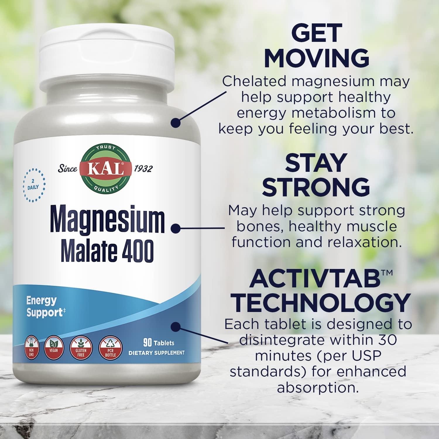 KAL Magnesium Malate 400mg - 90 Tablets for Muscle & Energy Support ...