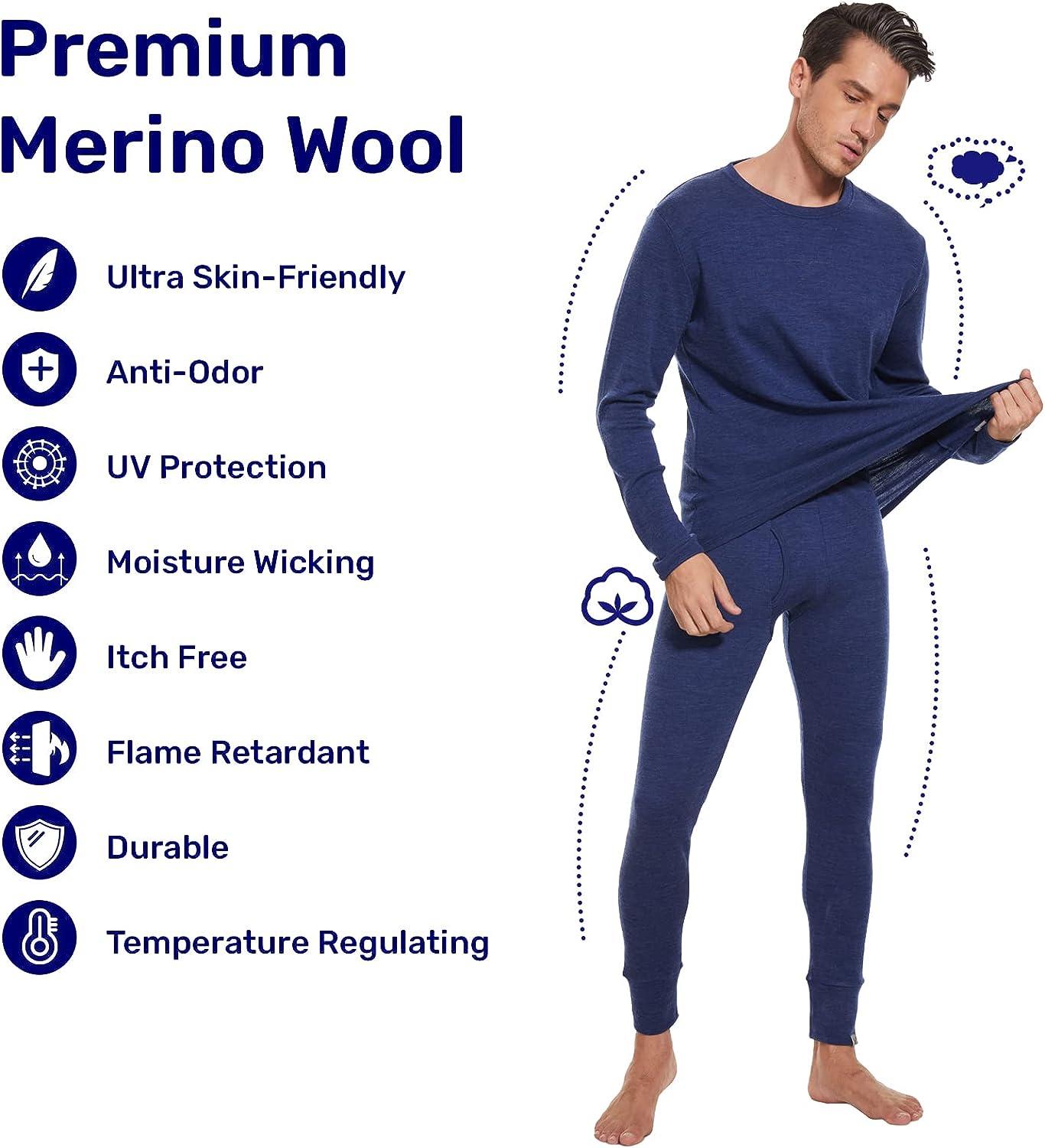 MERINNOVATION Merino Wool Base Layer Set for Men 100% Merino Wool Thermal  Underwear Long Sleeve Indigo Blue 250 Medium