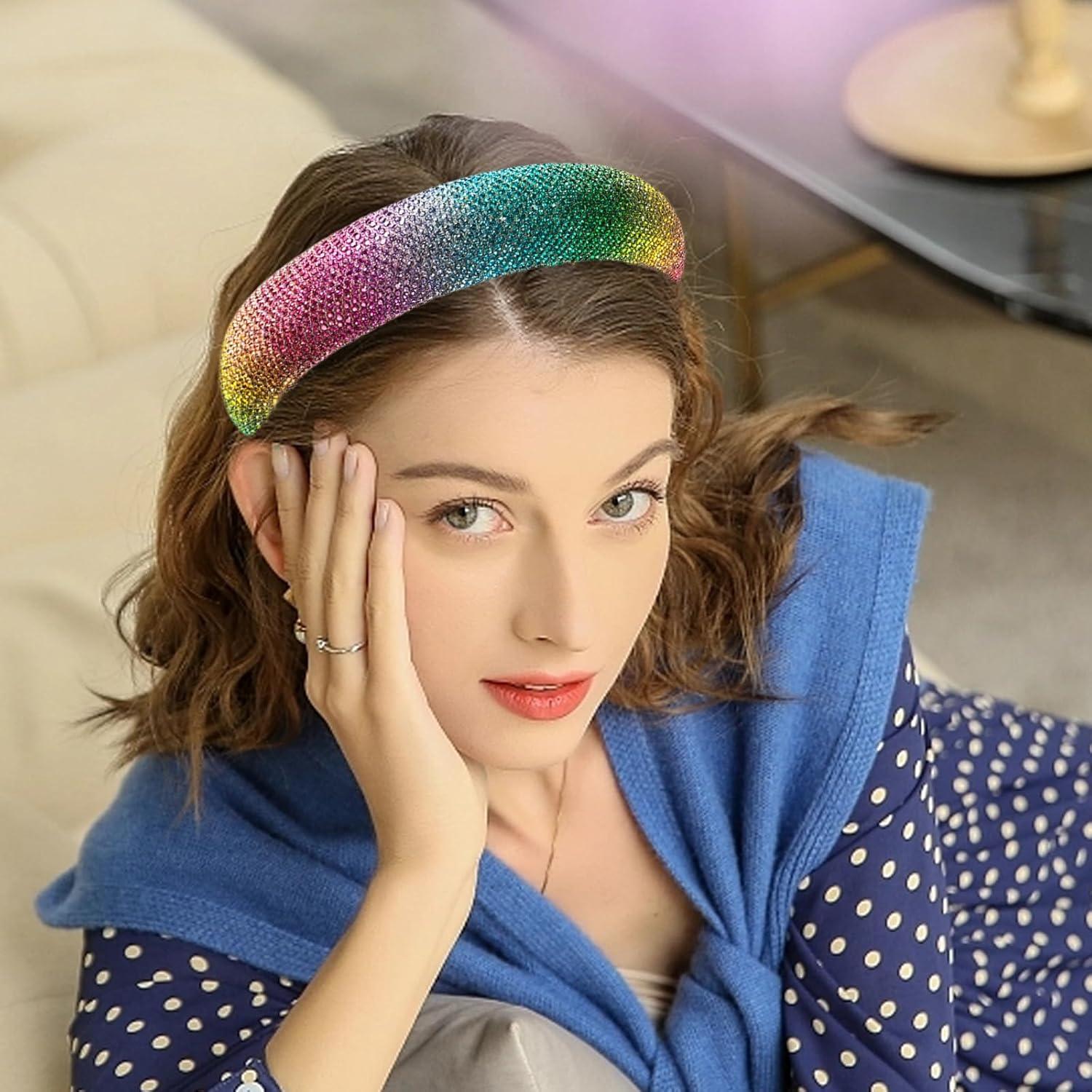 Wide Rhinestone Headband for Women Rainbow Sparkly Headband