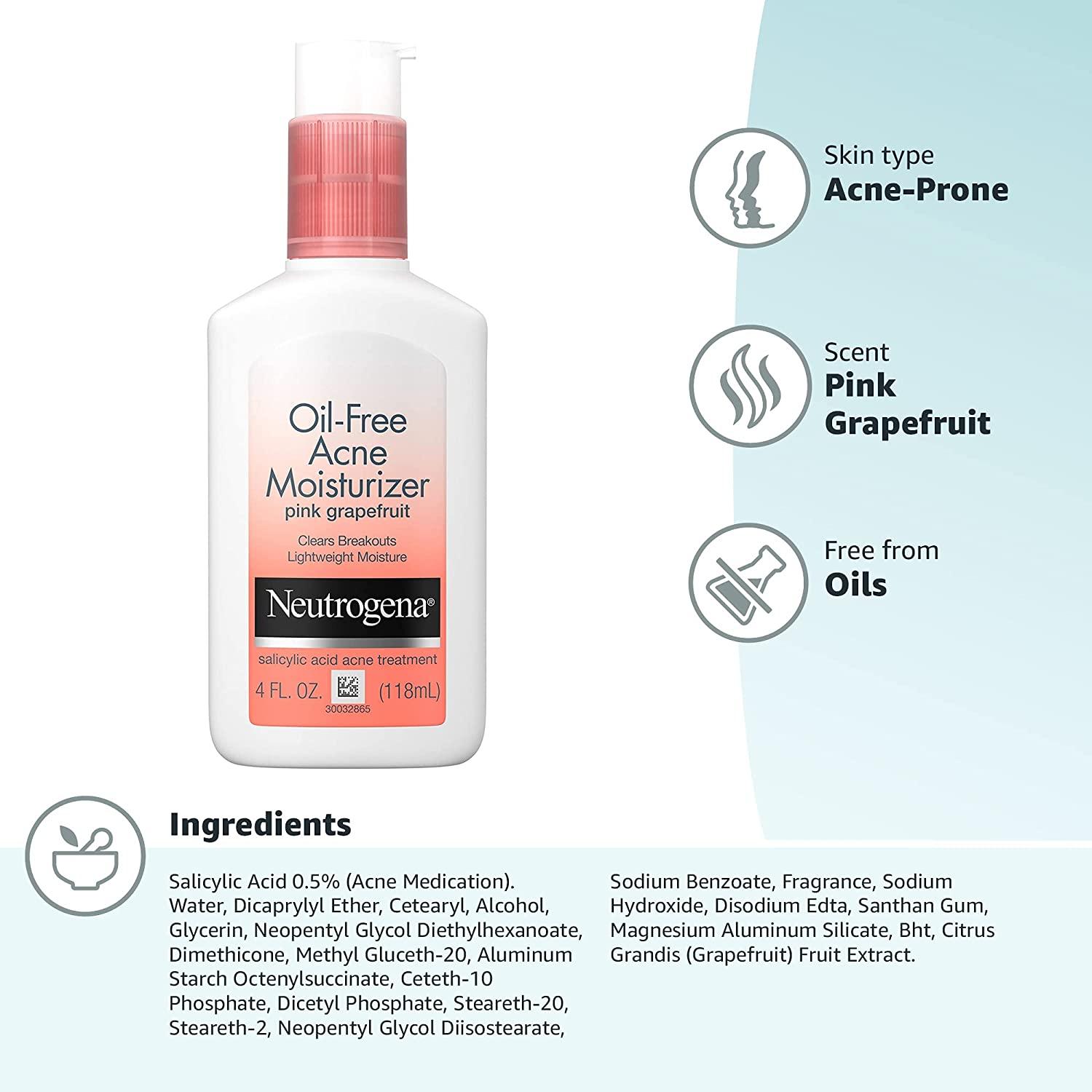 Oil Acne Facial Moisturizer with.5% Salicylic Acid Acne Treatment, Pink Grapefruit Acne Fighting Face Lotion for Breakouts, Non-Greasy & Non-Comedogenic, 4 fl. oz Pink grapefruit 4 Fl Oz (Pack of