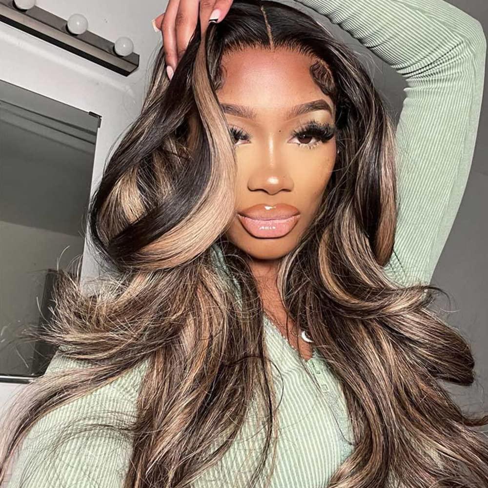 13x4 Highlight Lace Front Human Hair Wig 32 Inch Transparent HD Lace Body  Wave Wig For Black Women Ombre 4/27 Brown To Blonde Piano Colored Wig 32  Inch 180% Density 13x4 Wavy Highlight Wig