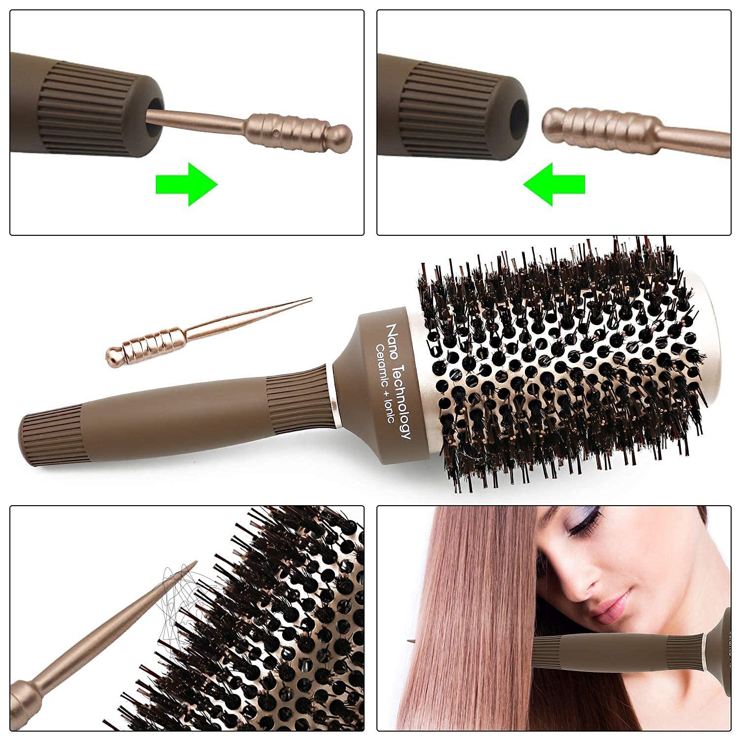Round Brush Set, Ceramic Ion Thermal Barrel Round Brush for Blow Drying, 4  Different Sizes Boar Bristle Round Hair Brush for Hair Drying, Styling,  Curling and Shine Brown handle
