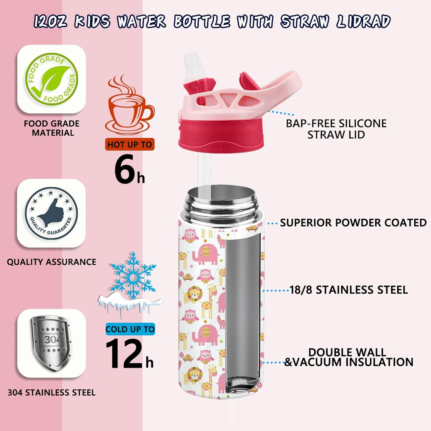 Kids Water Bottle 12oz Stainless Steel w/ Straw Vacuum Double Wall Insulated  Cup
